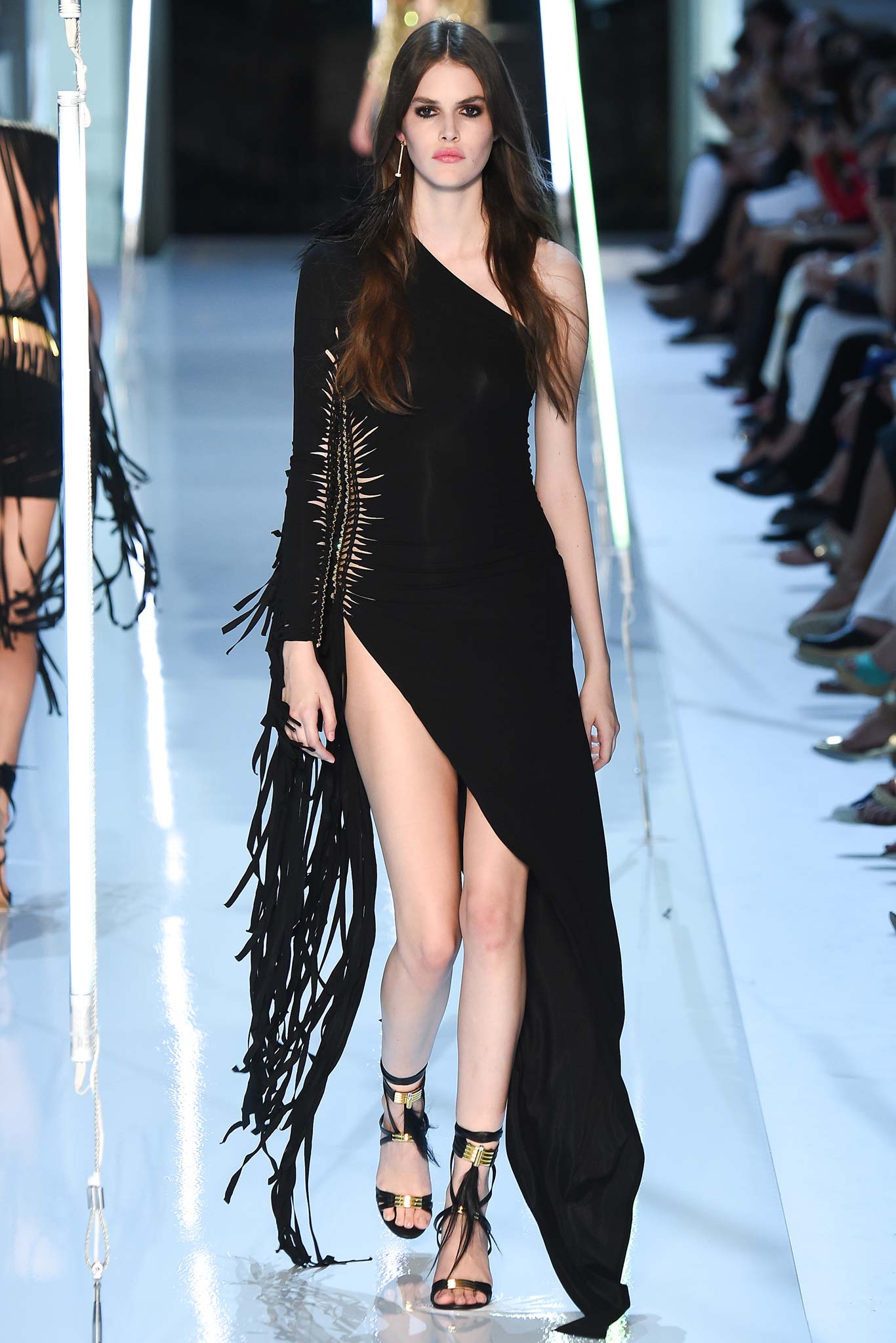 black silk sleeveless high-neck fitted fringed flowing dress