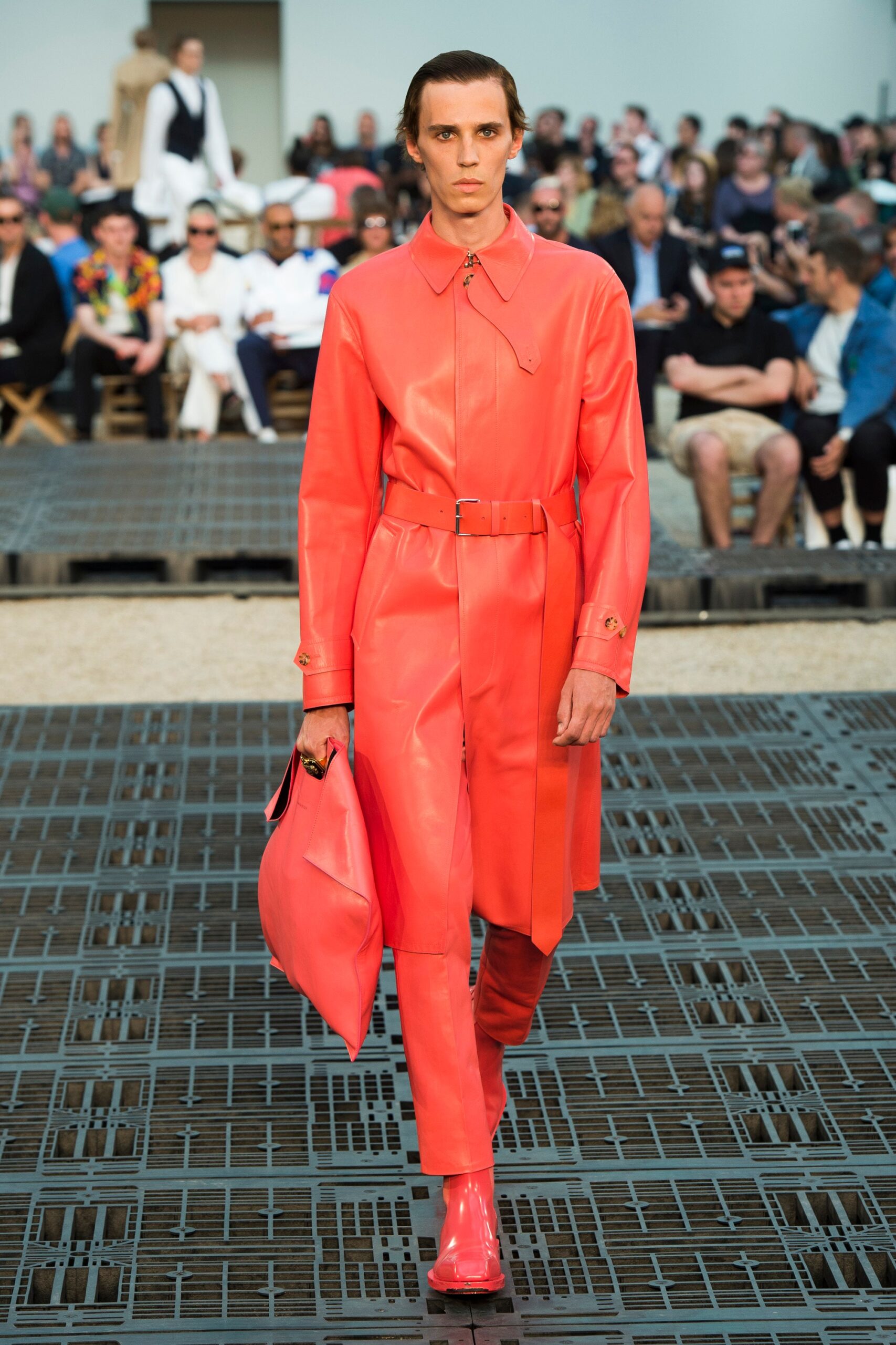 pink leather long-sleeve collared fitted belted coat