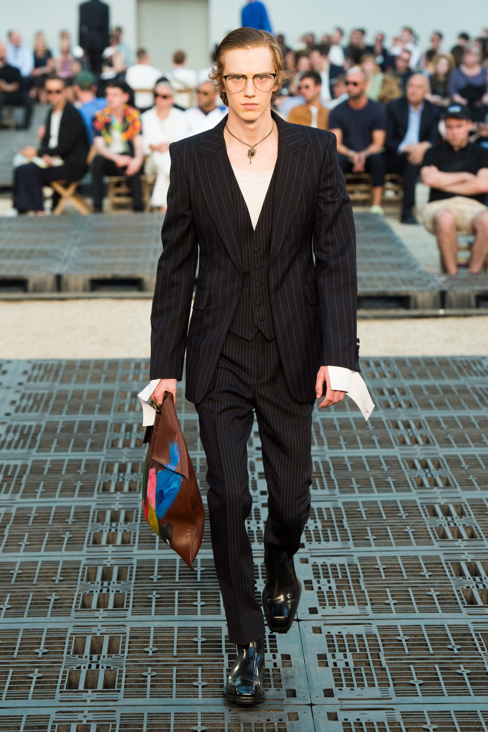black and white striped suit