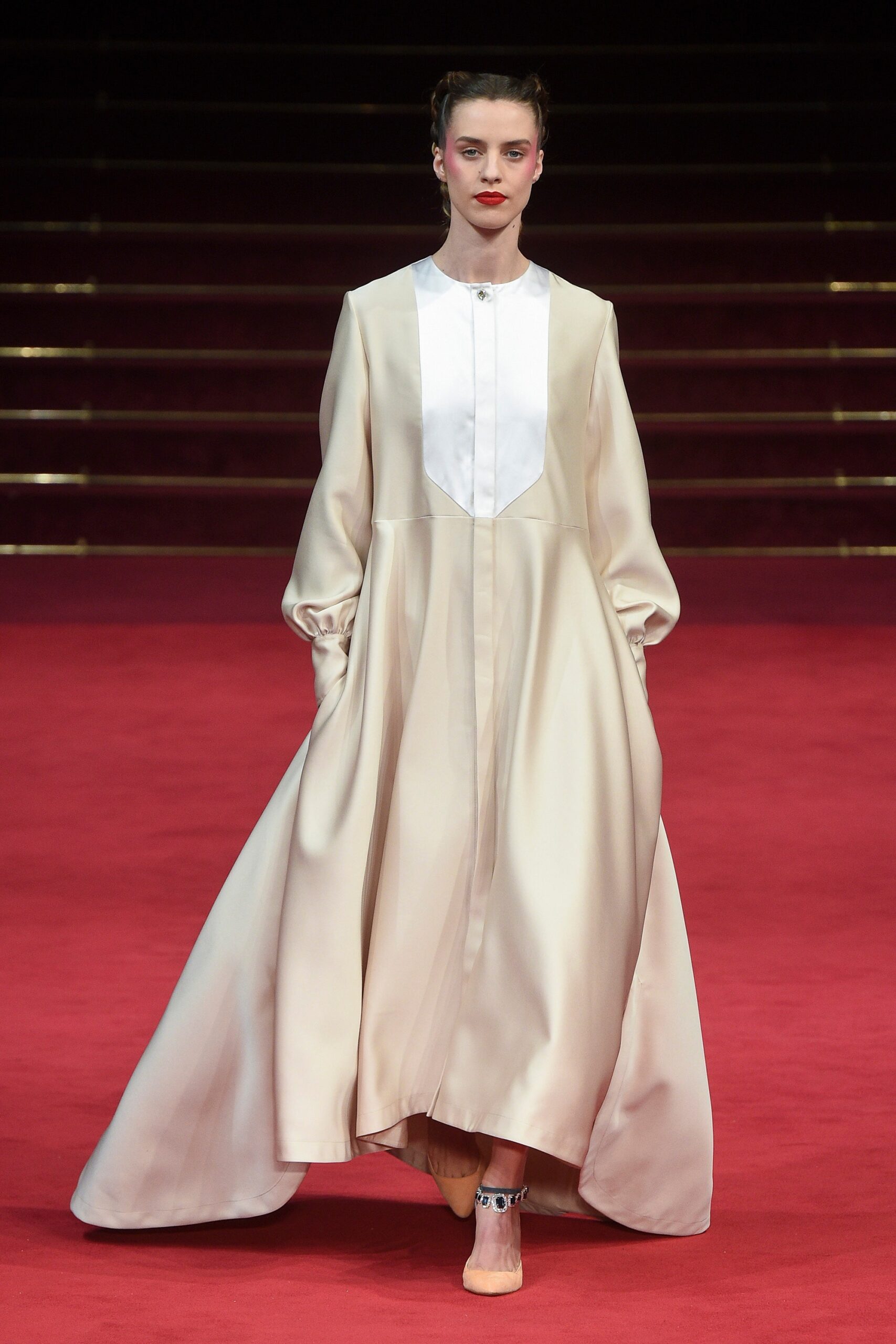 beige silk long-sleeve dress