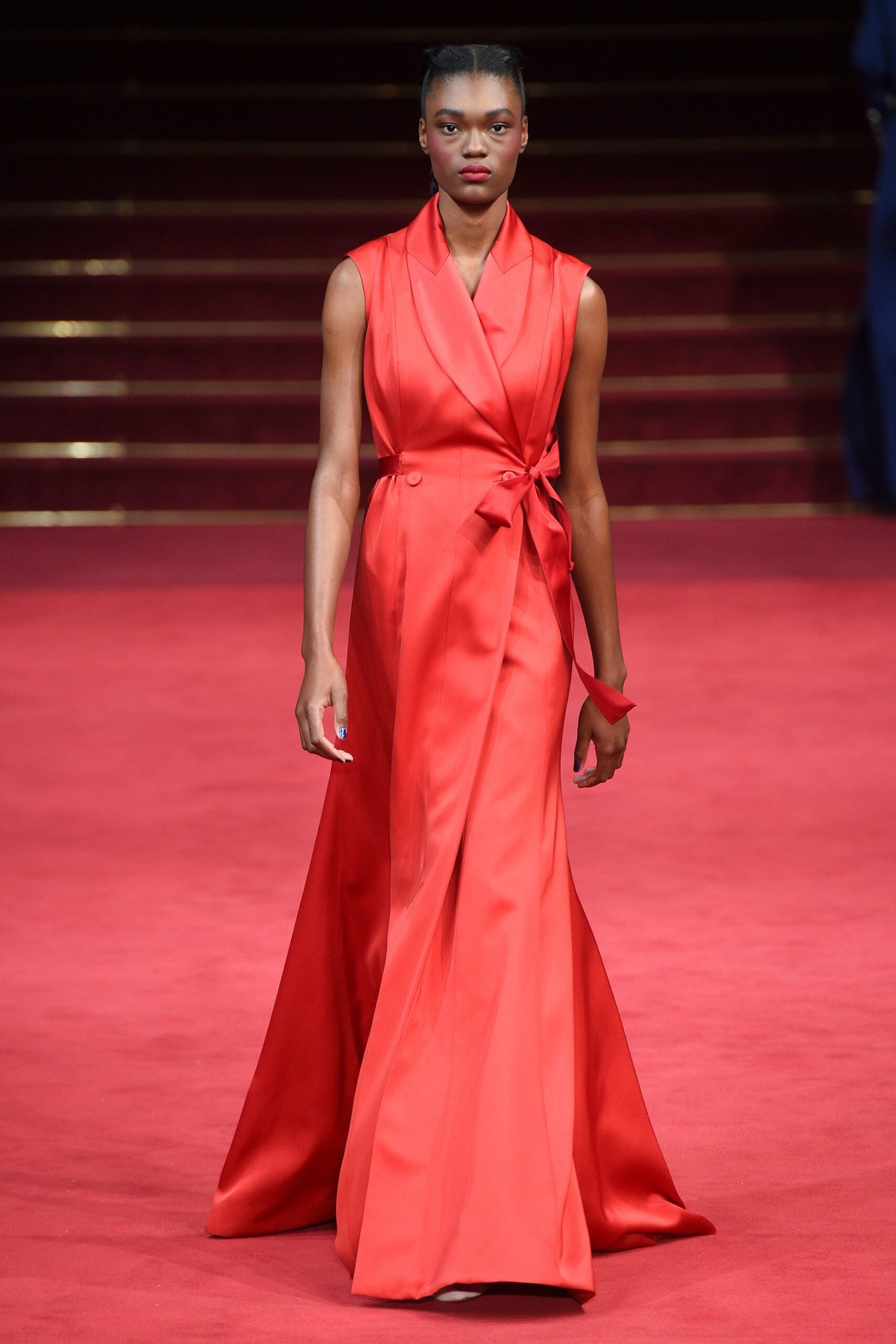 red silk sleeveless gown