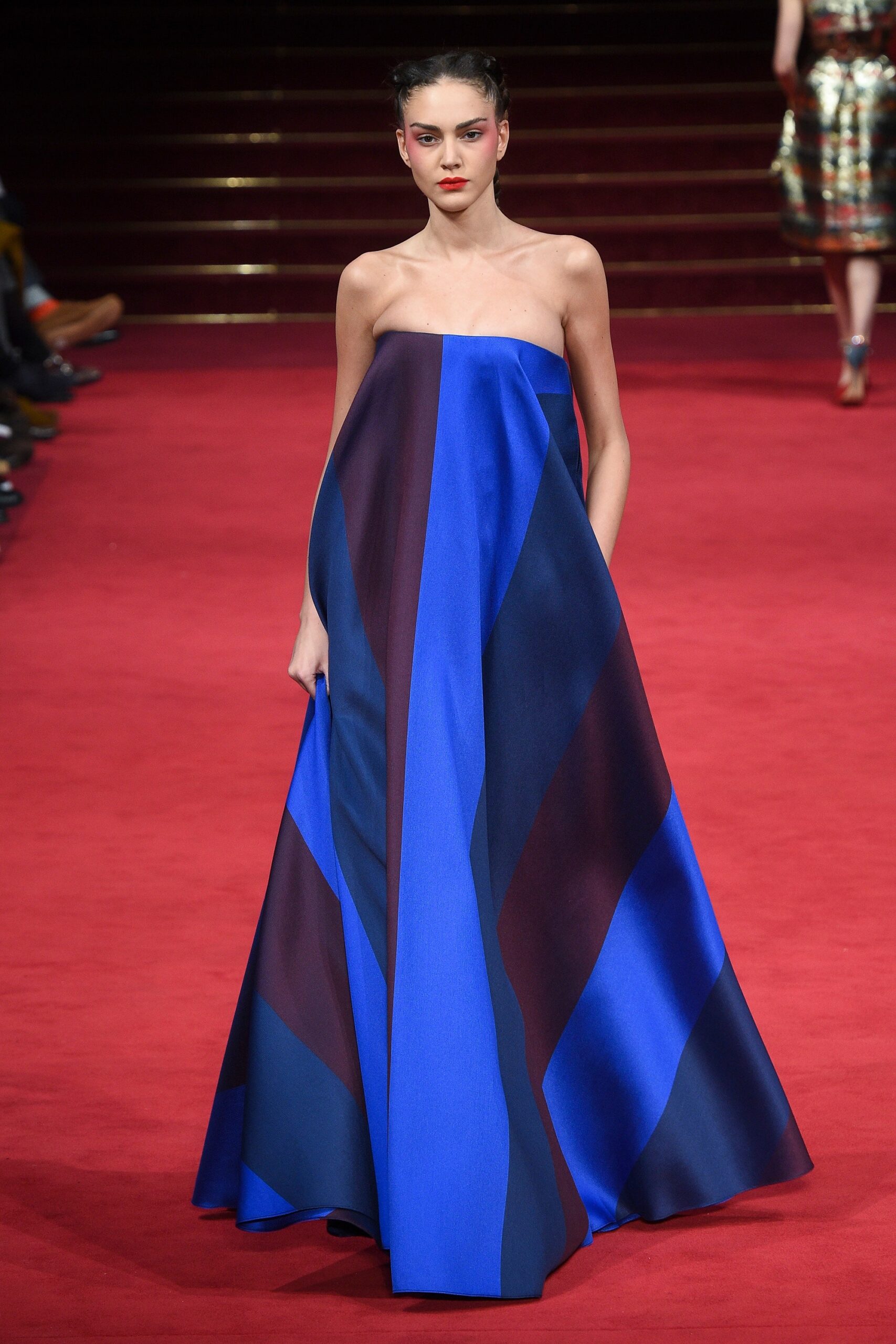 blue purple strapless gown