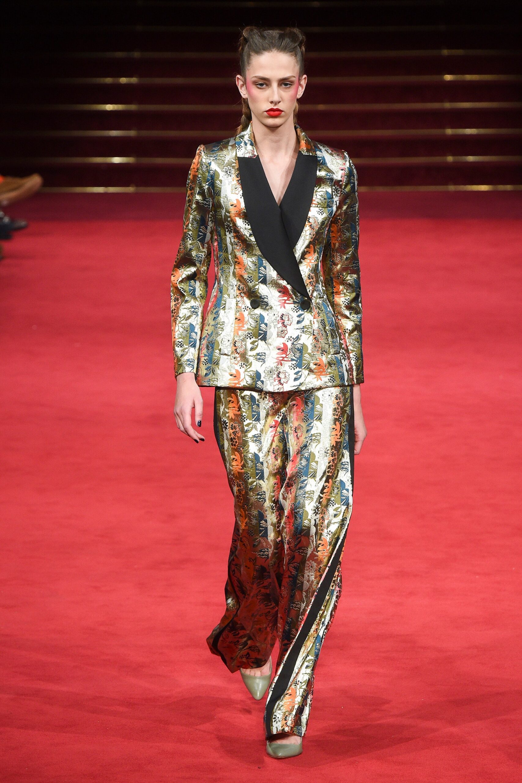 gold and black printed suit