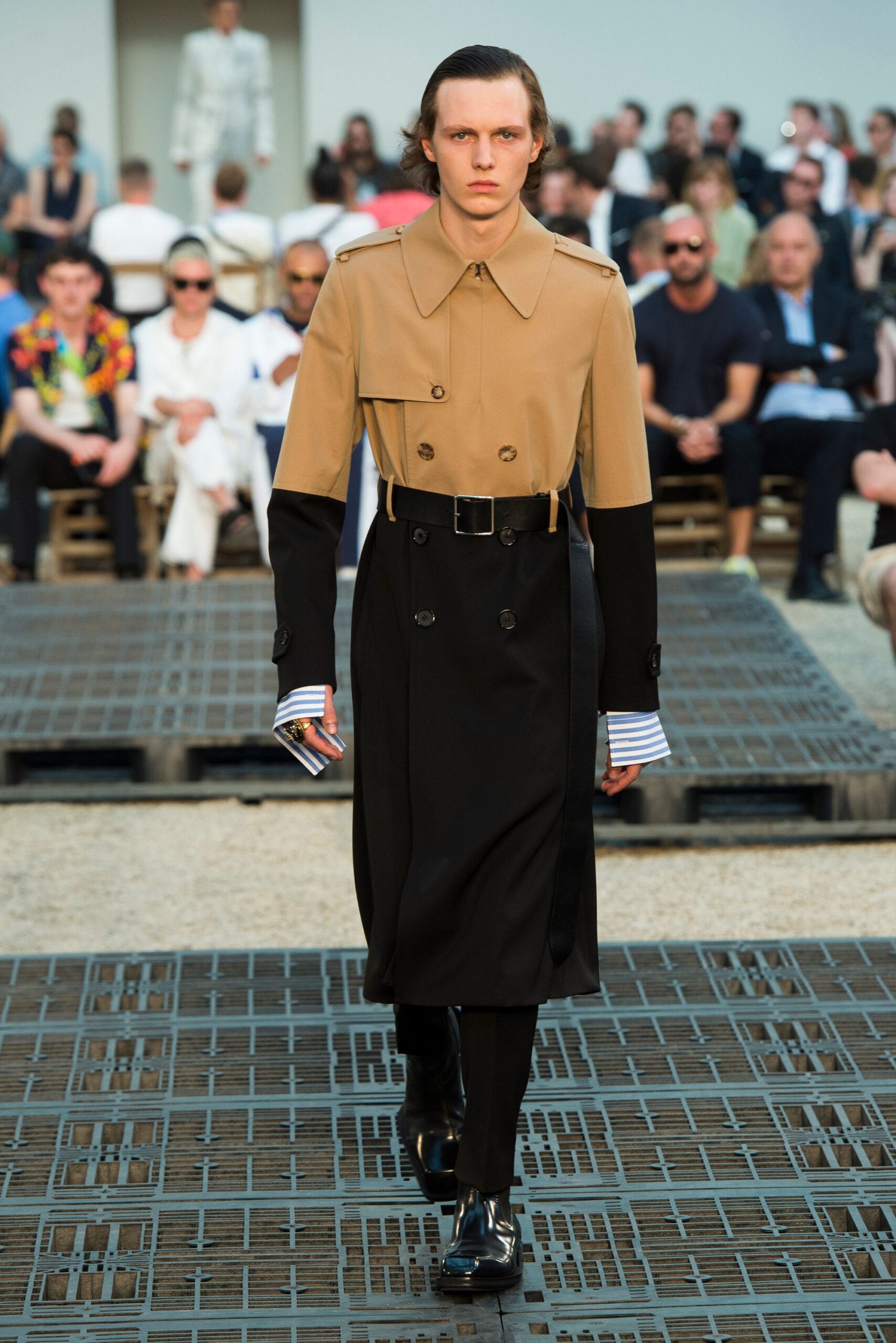 beige and black tailored trench coat