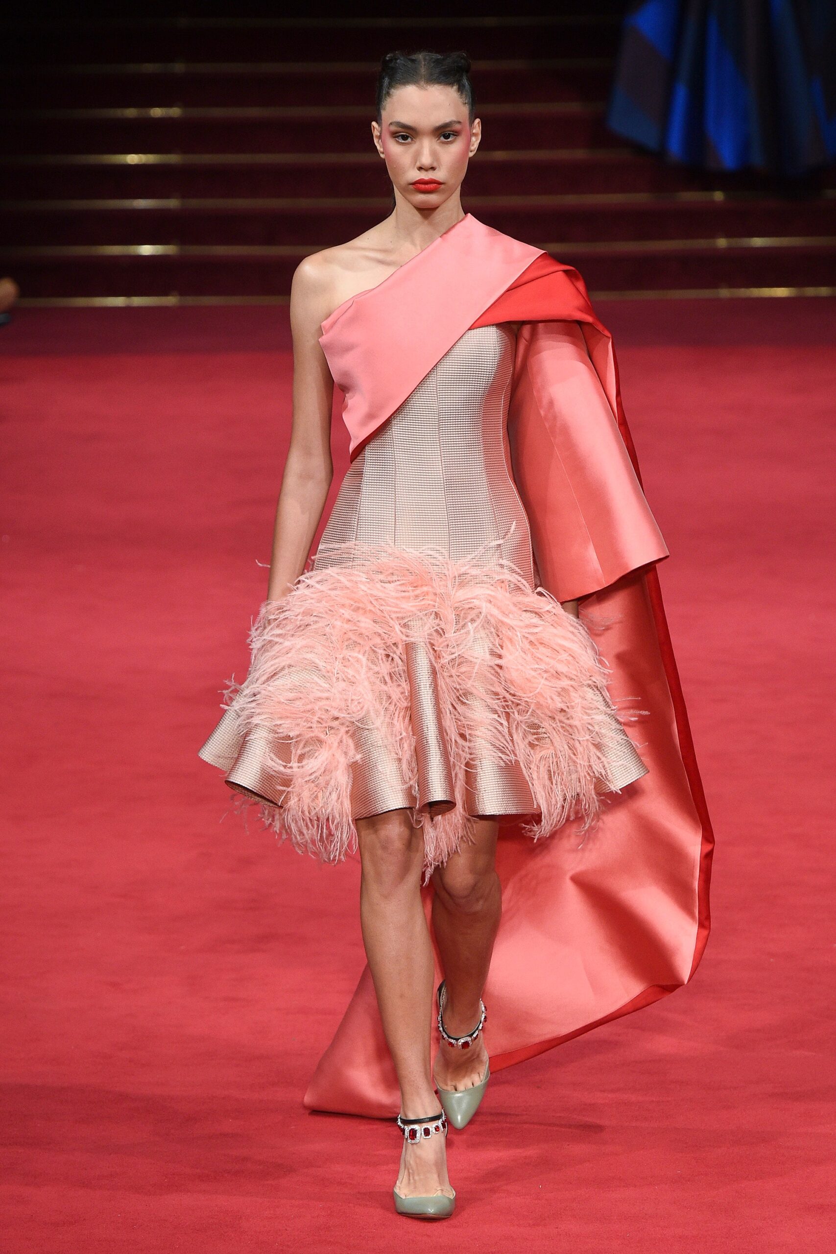 pink asymmetric dress with cape