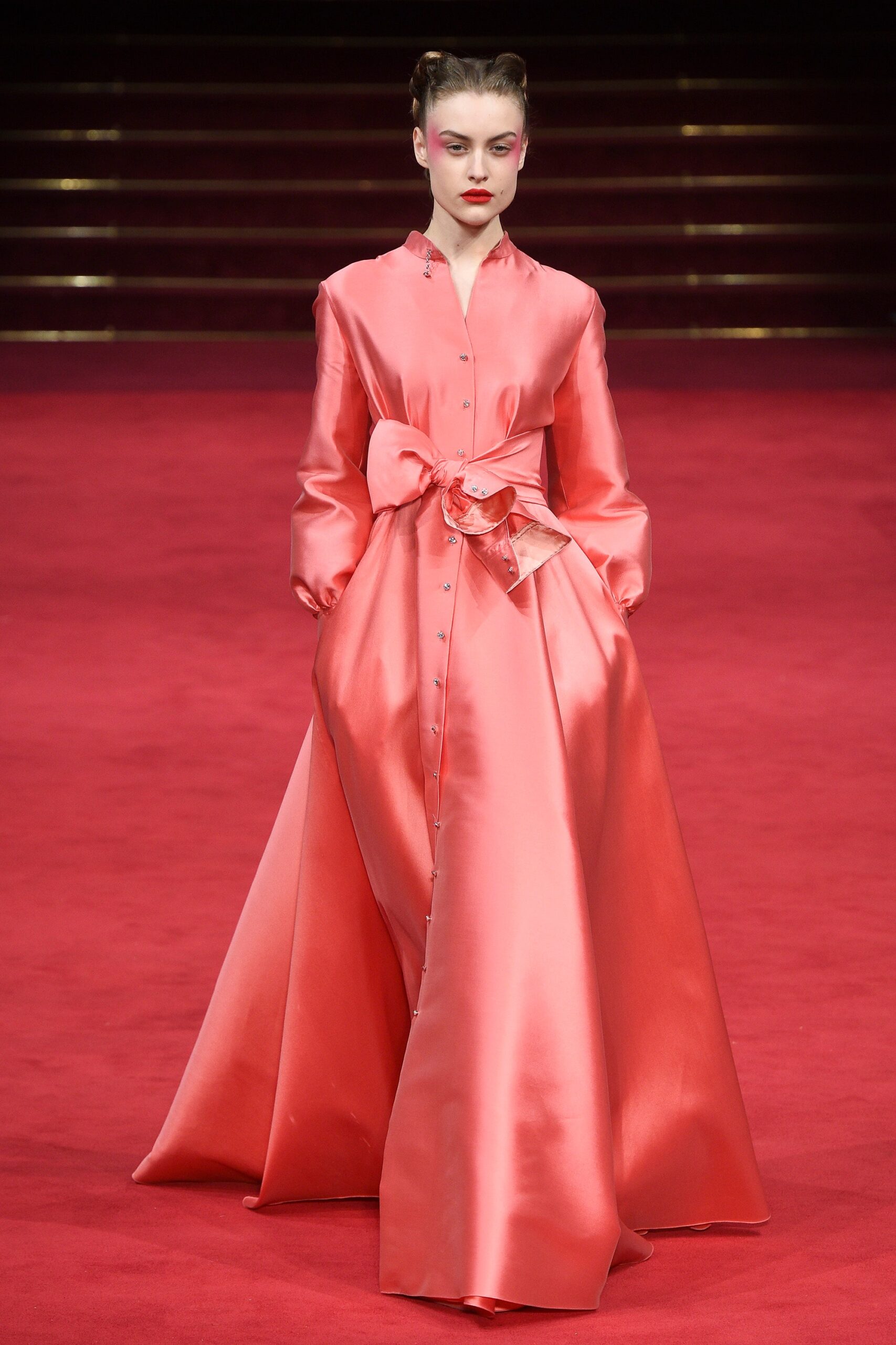 pink silk belted gown