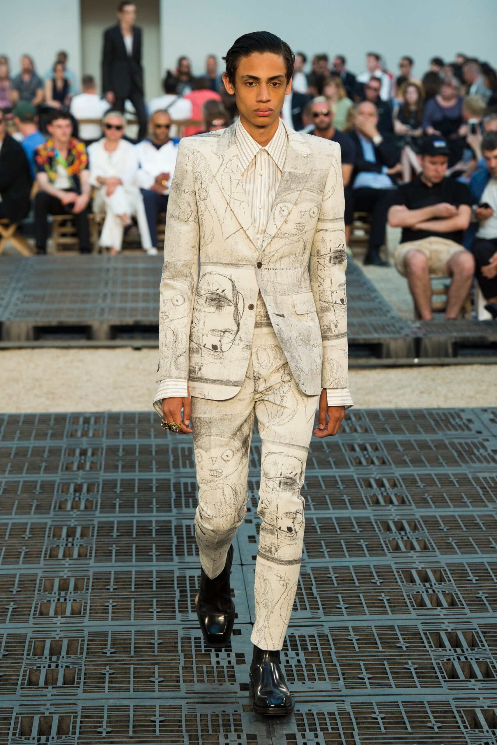 beige printed tailored suit