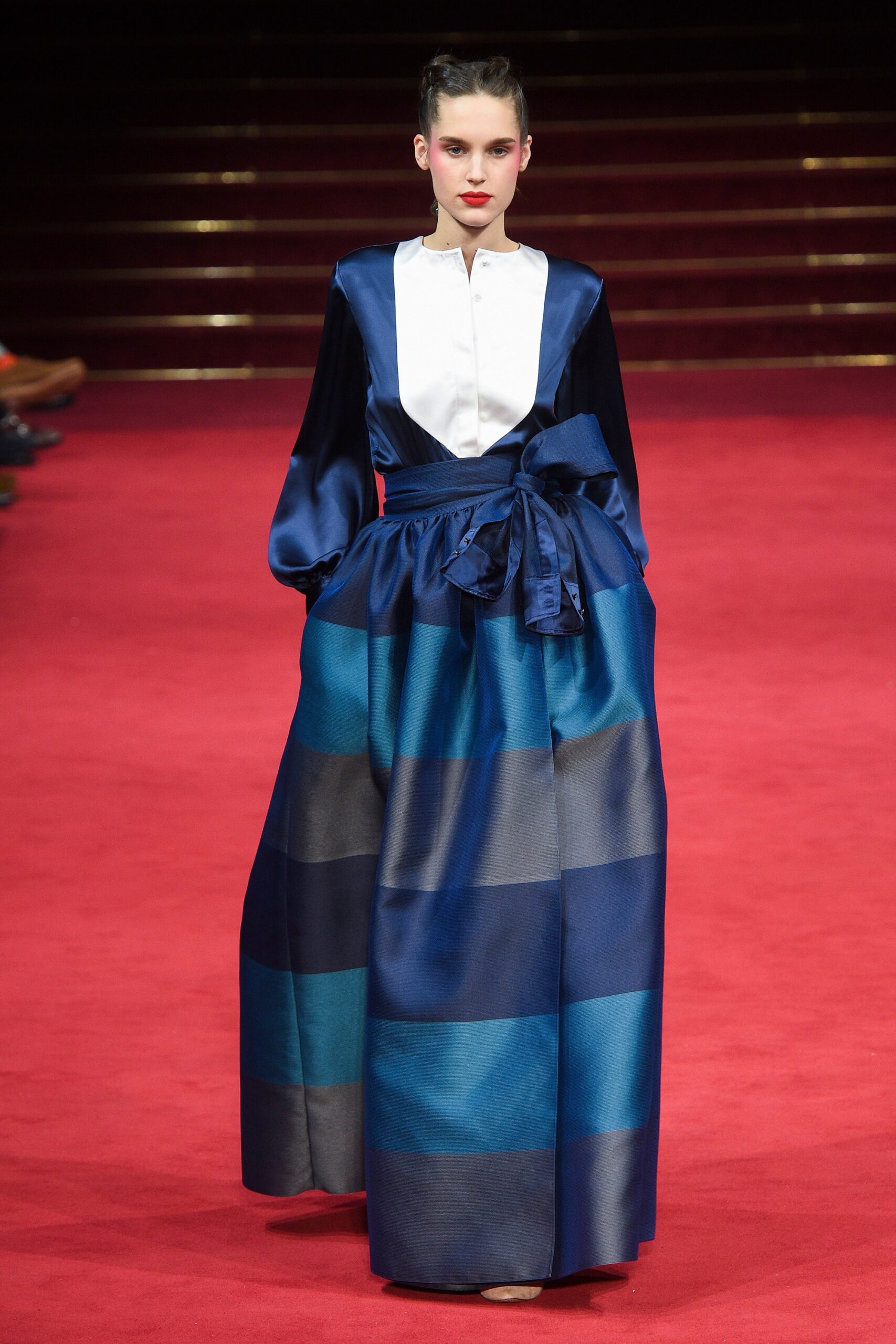 blue and black tiered silk dress