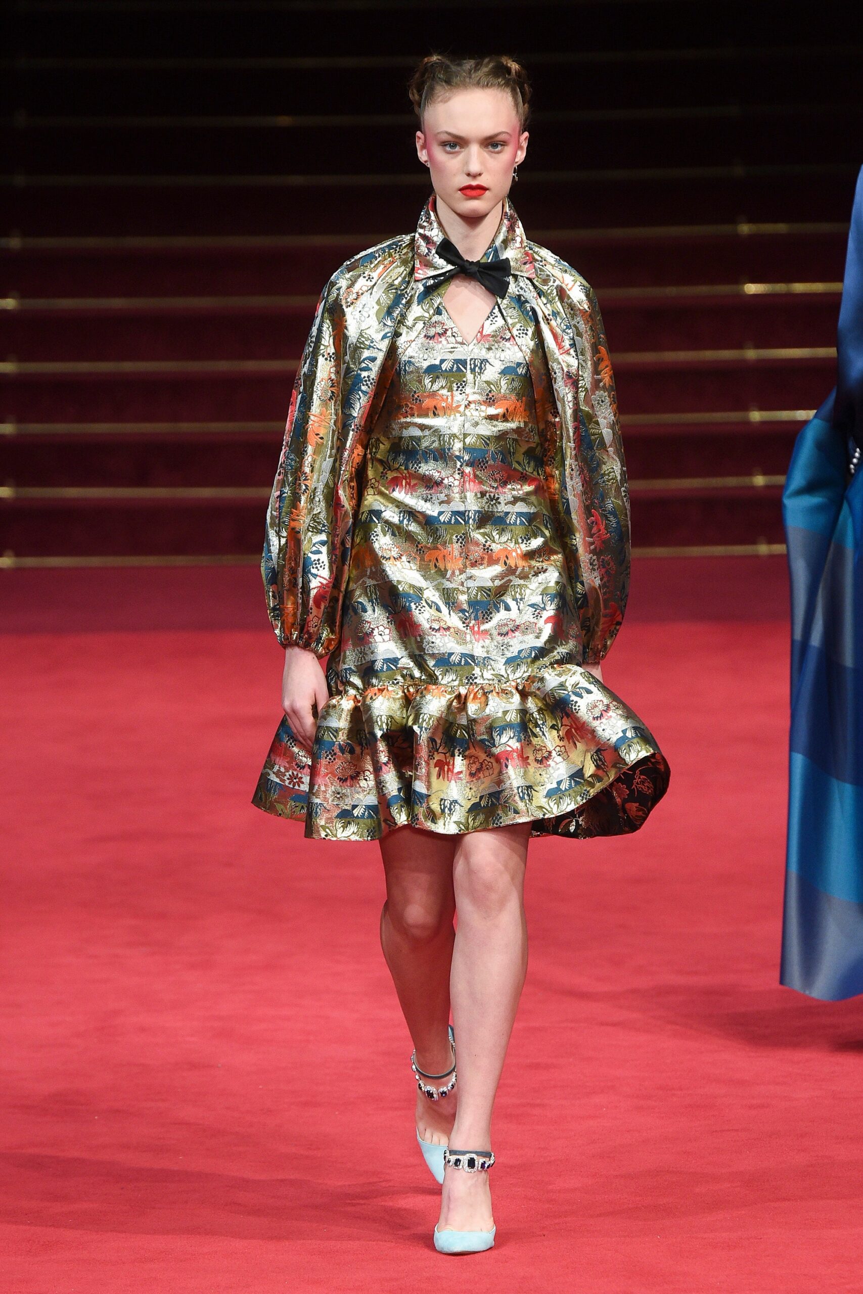 multi-colored silk dress and cape