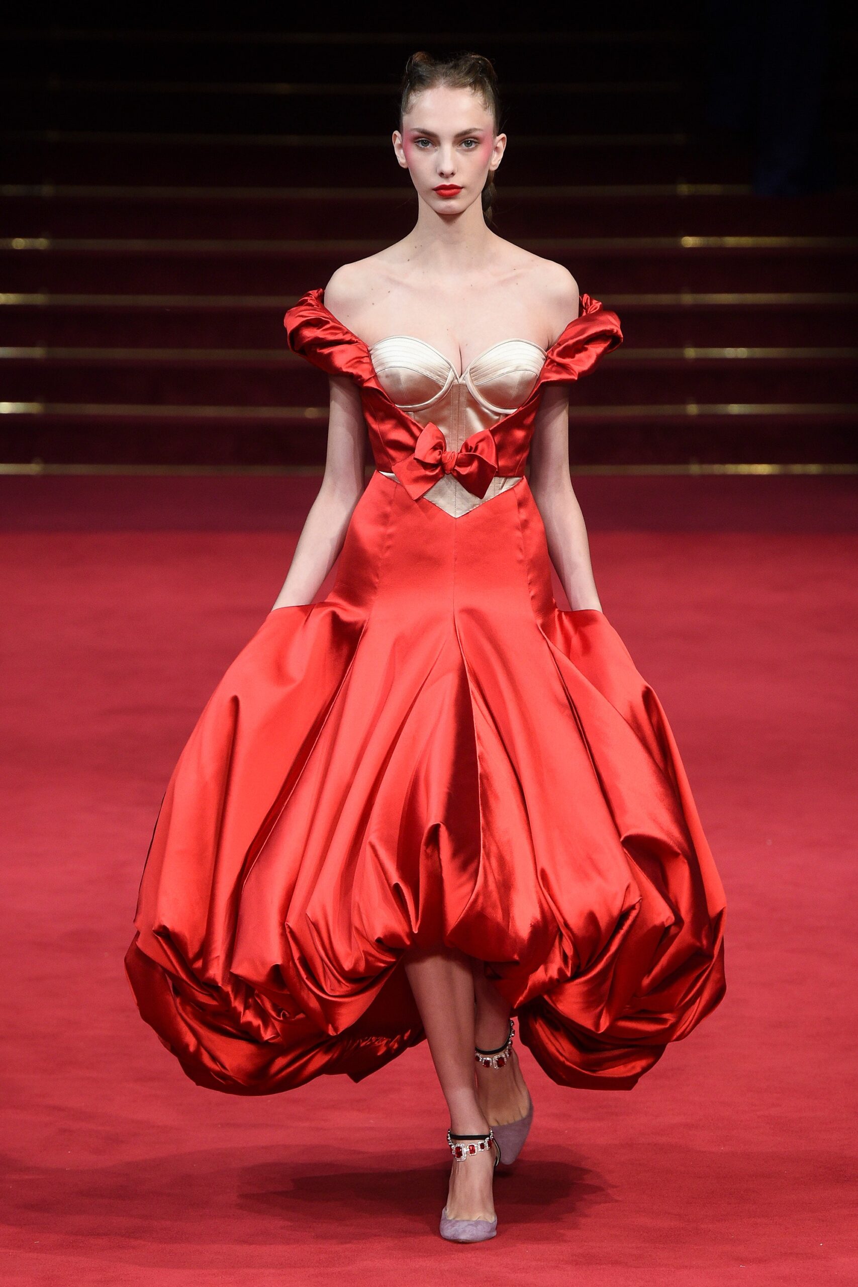 red silk off-shoulder dress