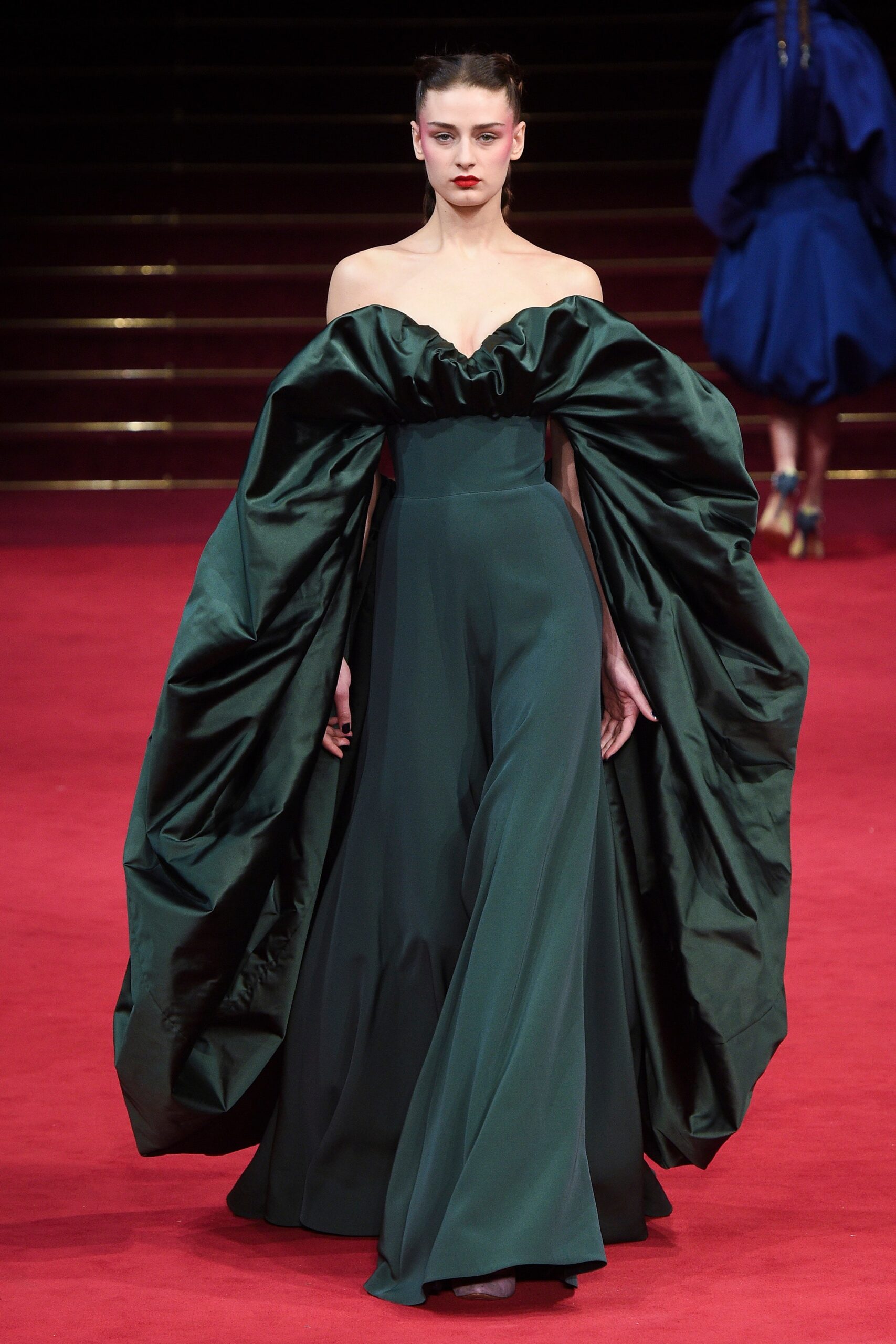 green silk strapless gown