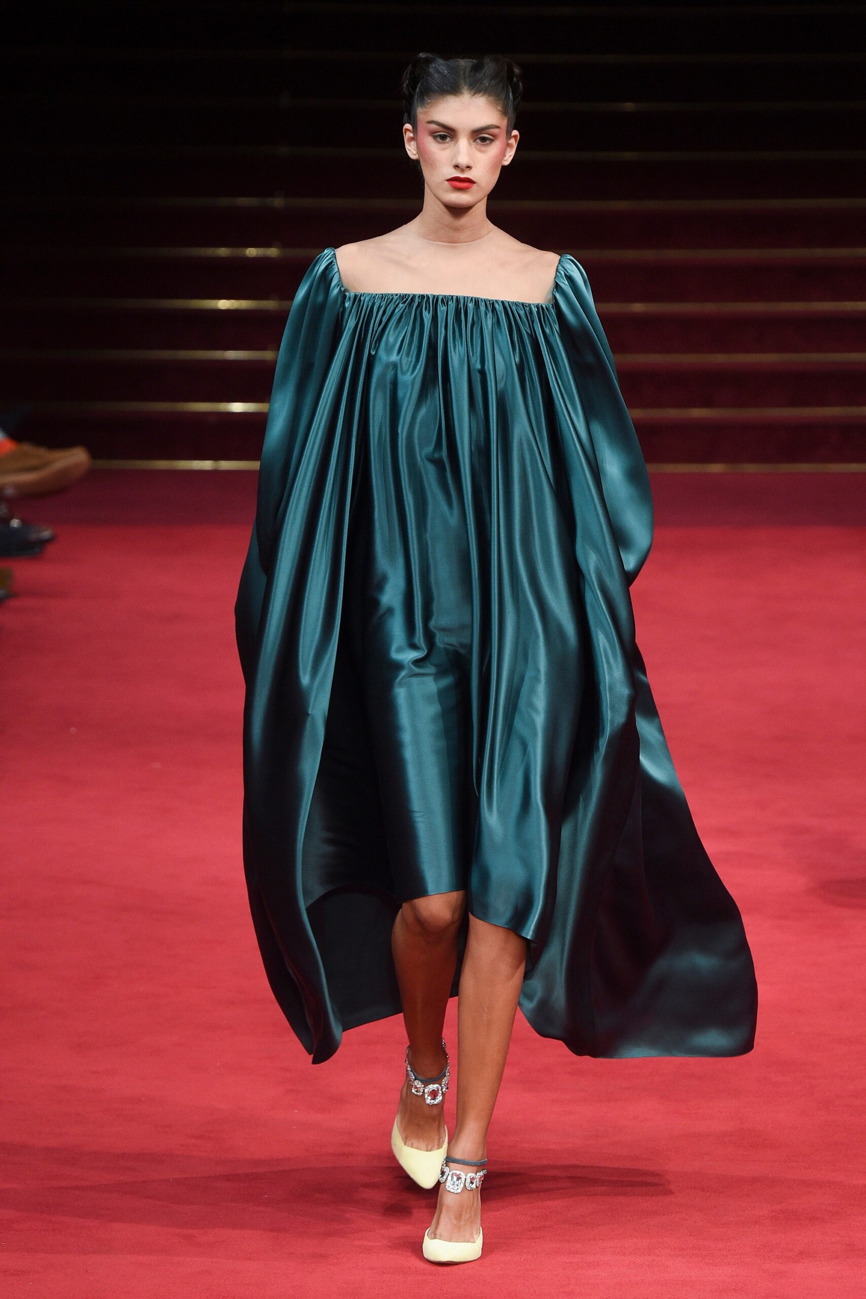 teal silk off-shoulder dress