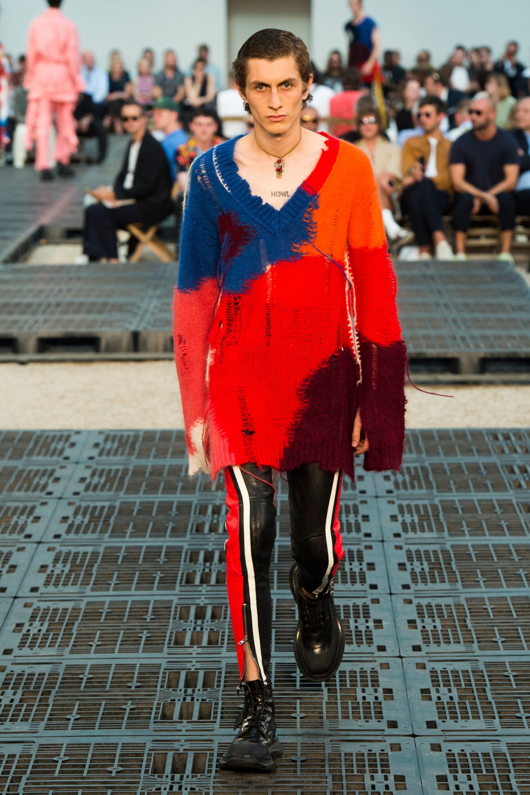 red wool long-sleeve v-neck relaxed fringed sweater