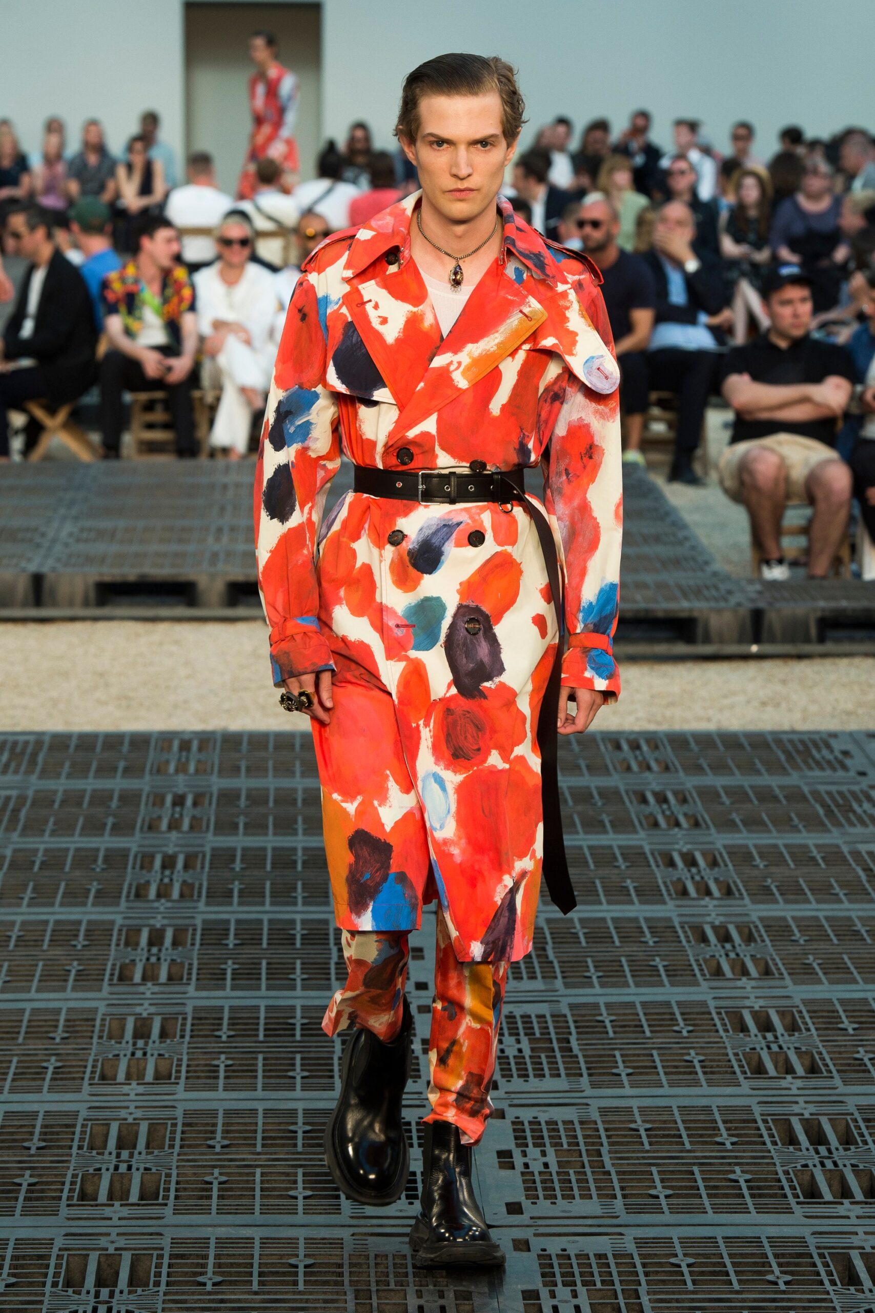 colorful trench coat and pants