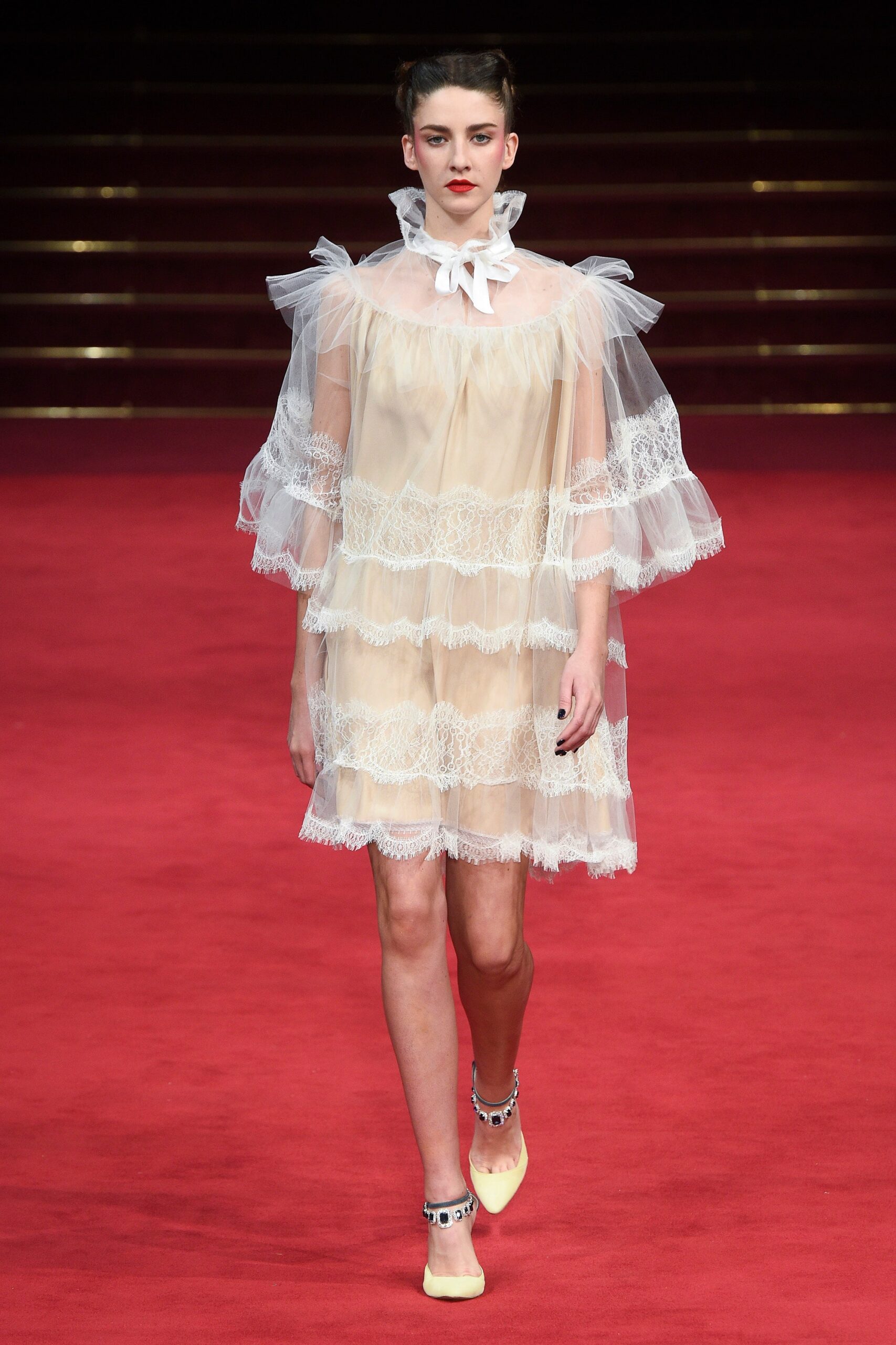 white lace ruffled mini dress