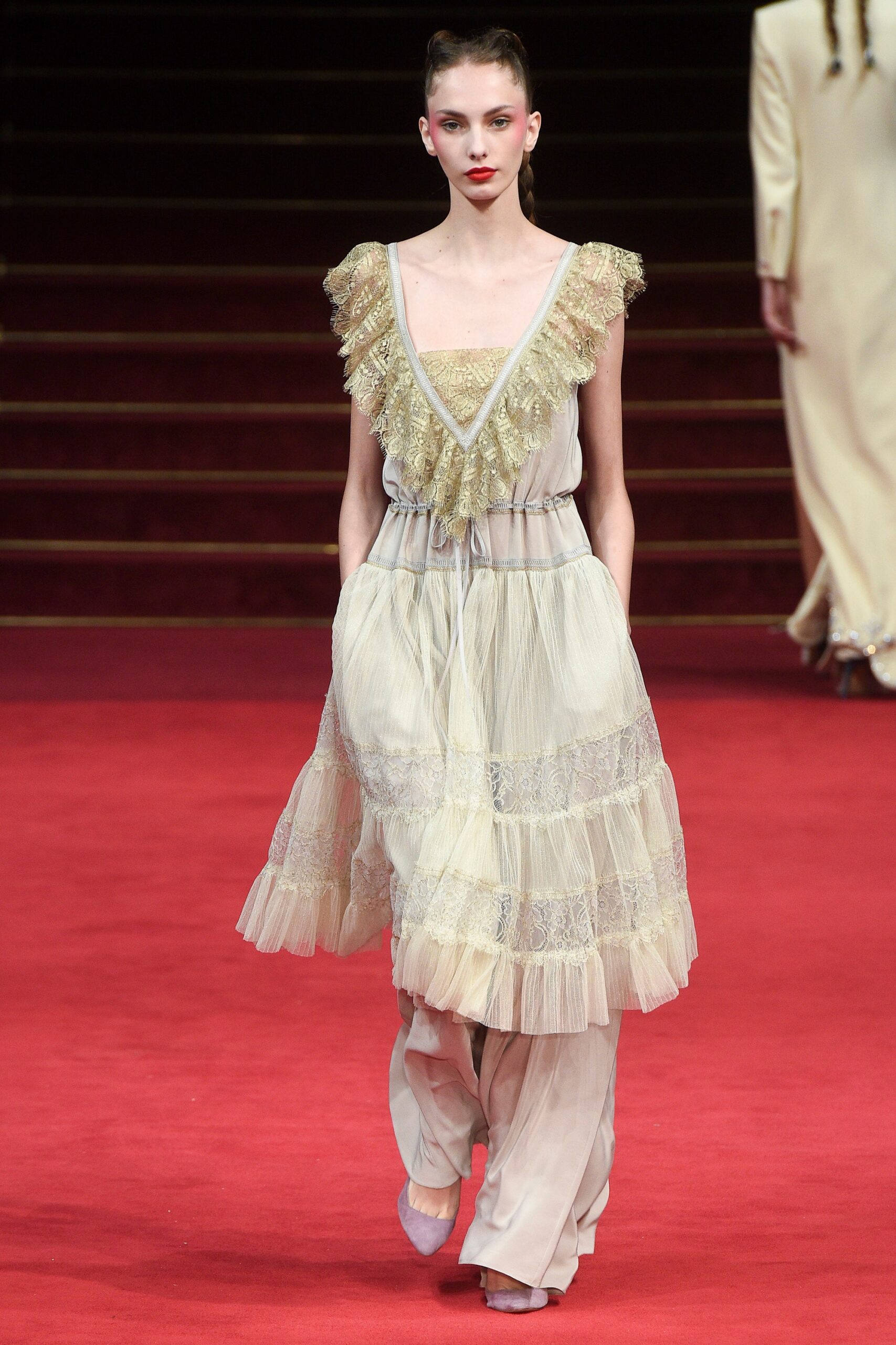 beige ruffled midi dress with pants