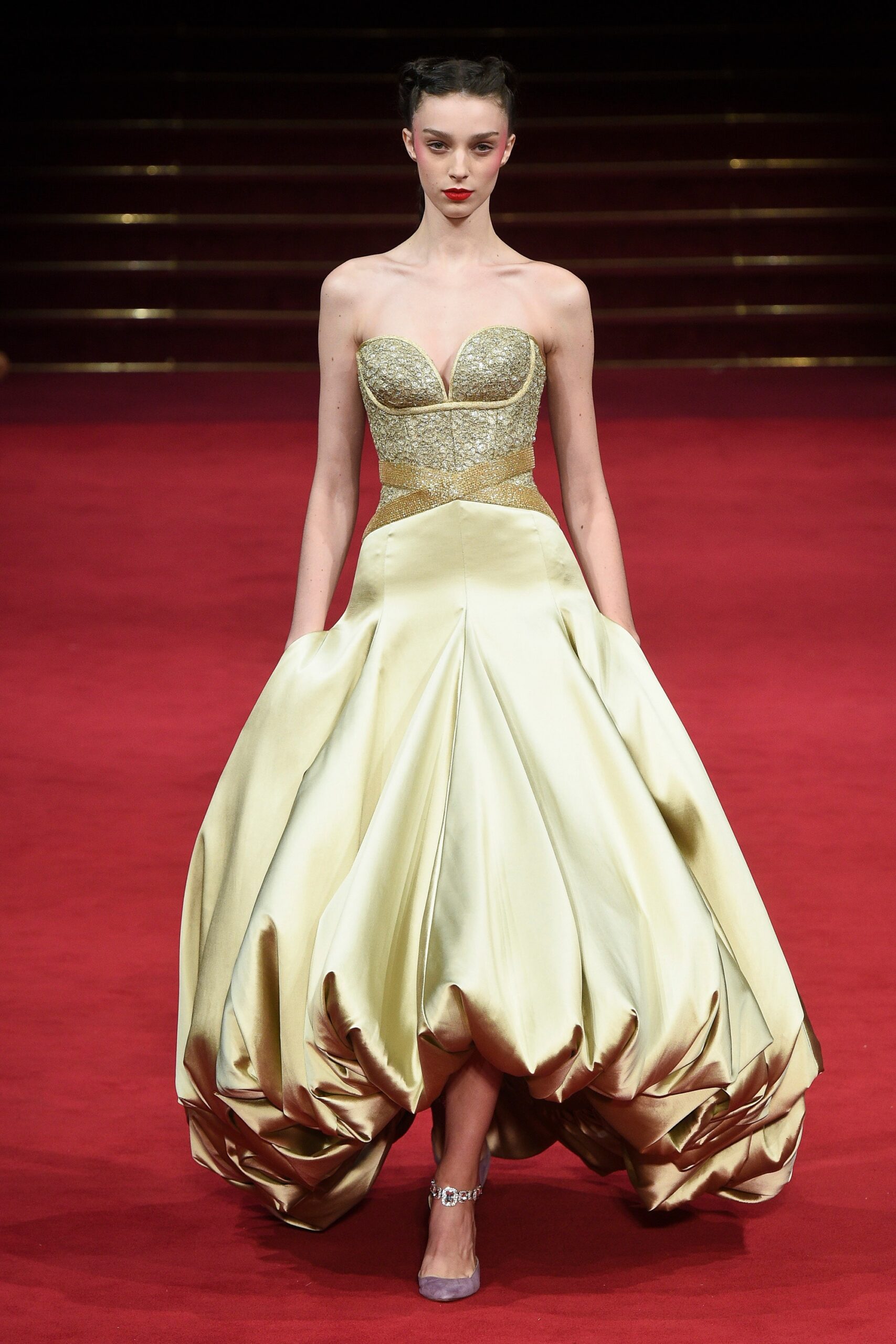 gold satin strapless gown