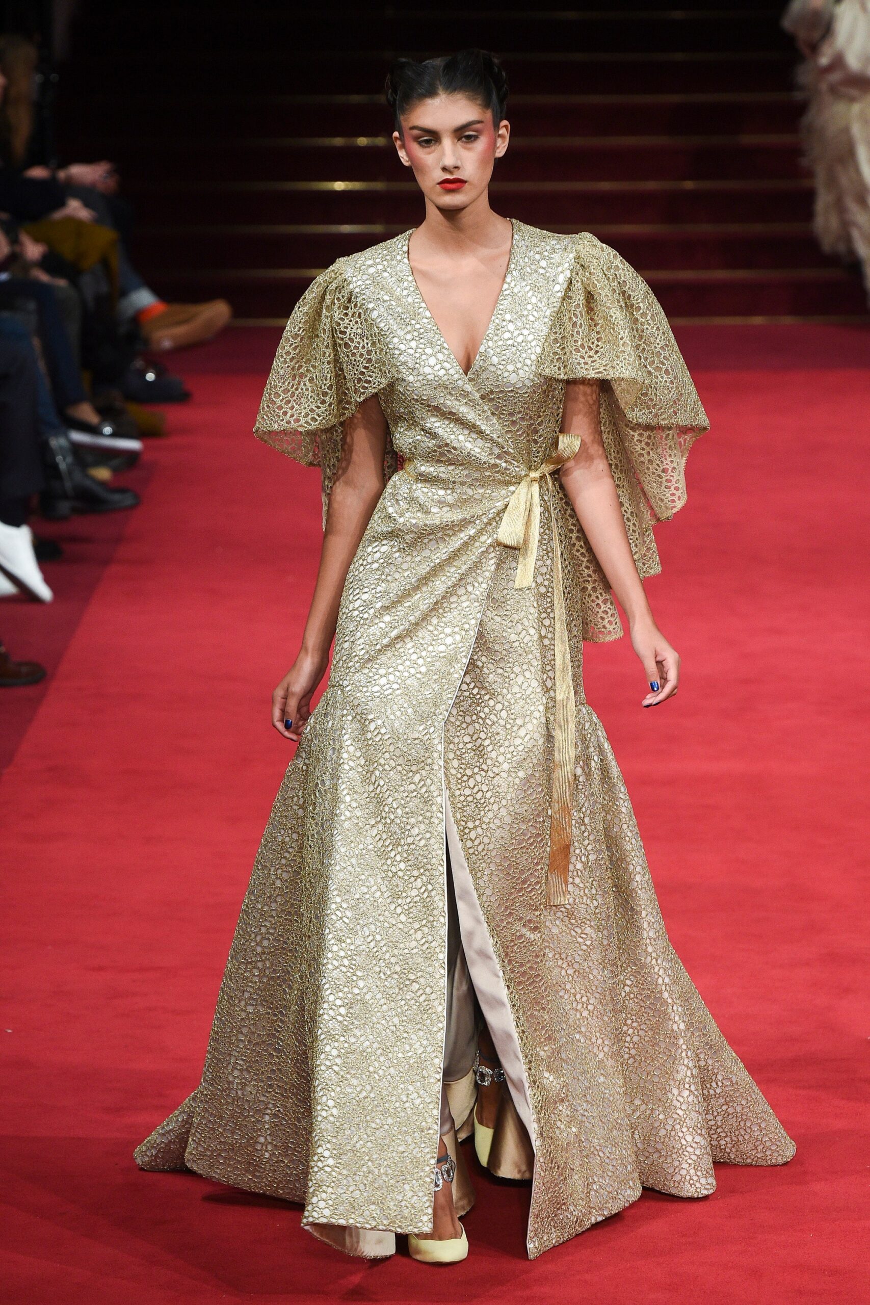 gold silk draped gown