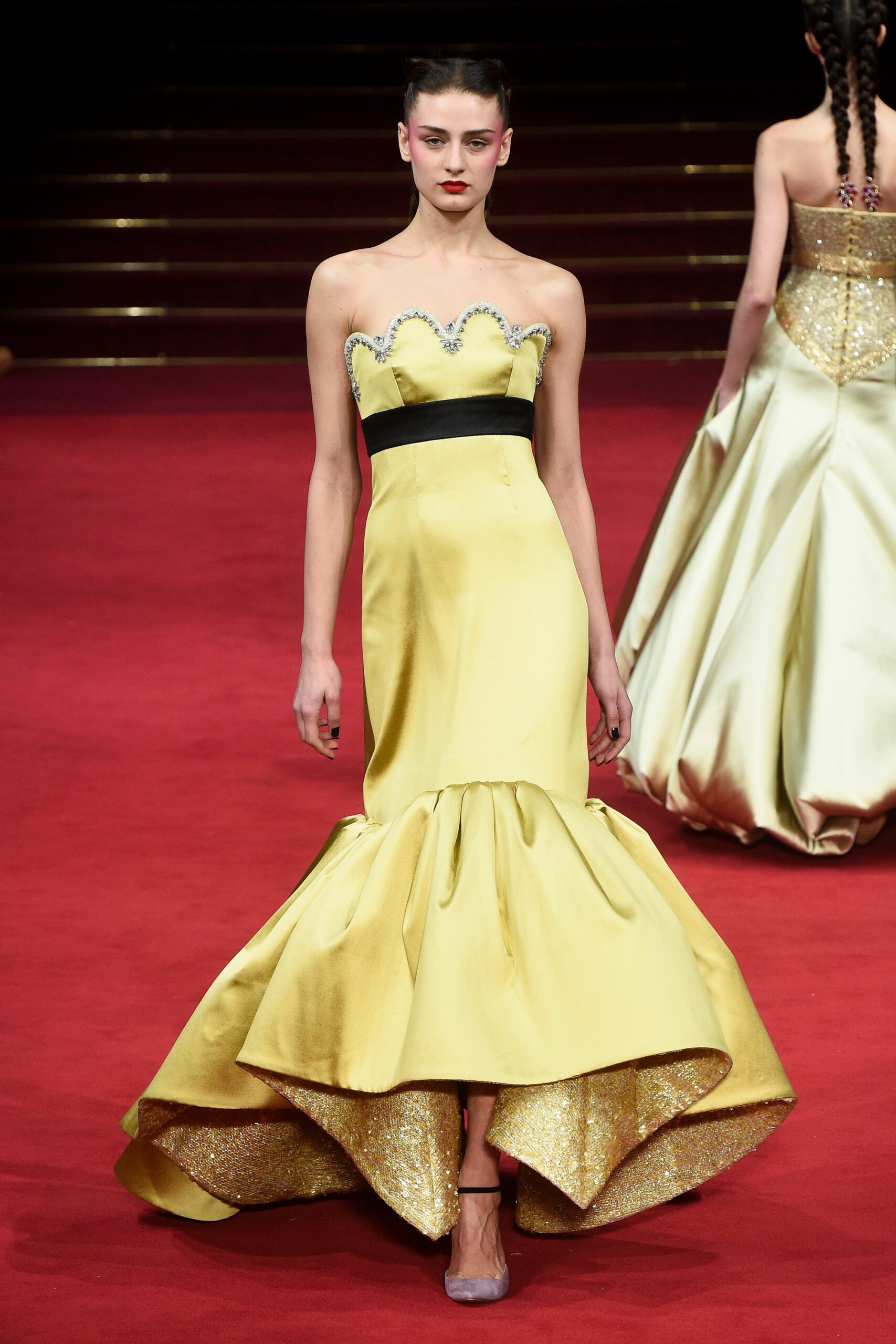 yellow silk strapless gown