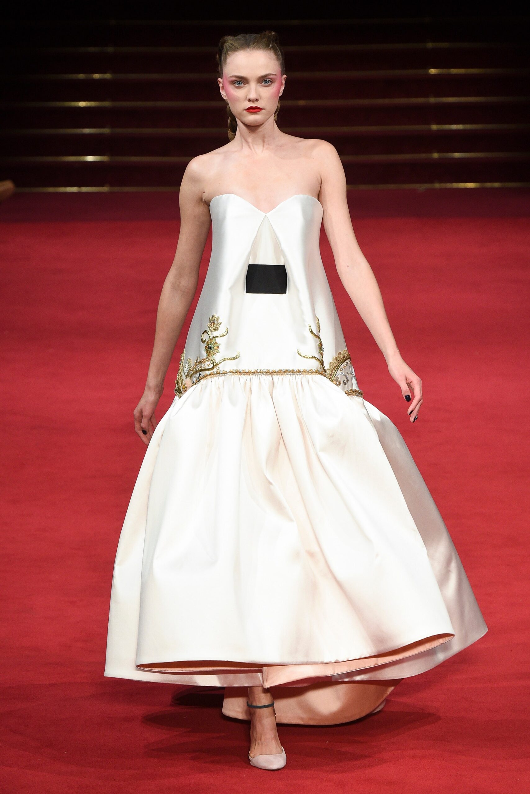 white silk strapless gown