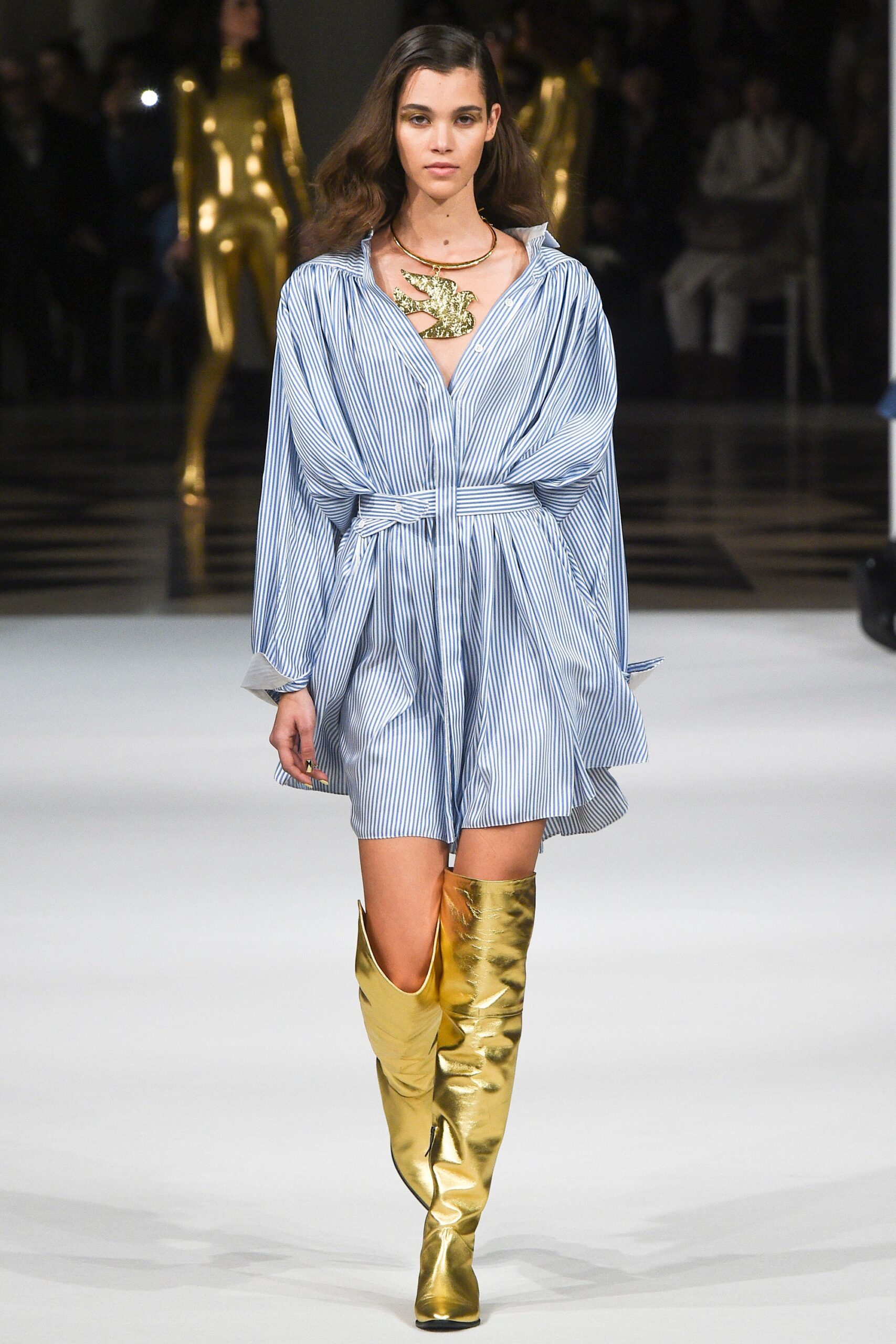 blue and white striped mini dress with gold boots