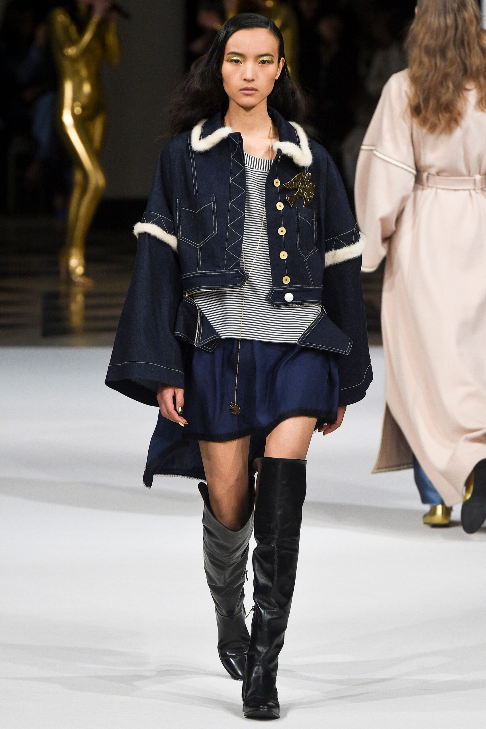 blue denim jacket with pleated skirt