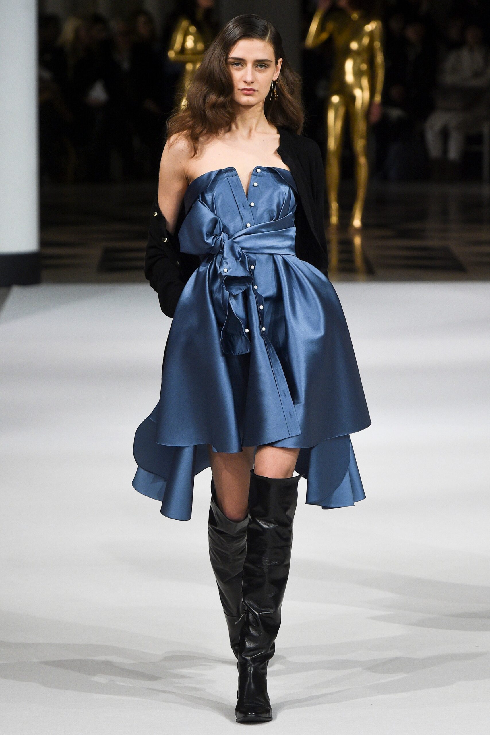 blue silk sleeveless v-neck fitted tiered flowing dress