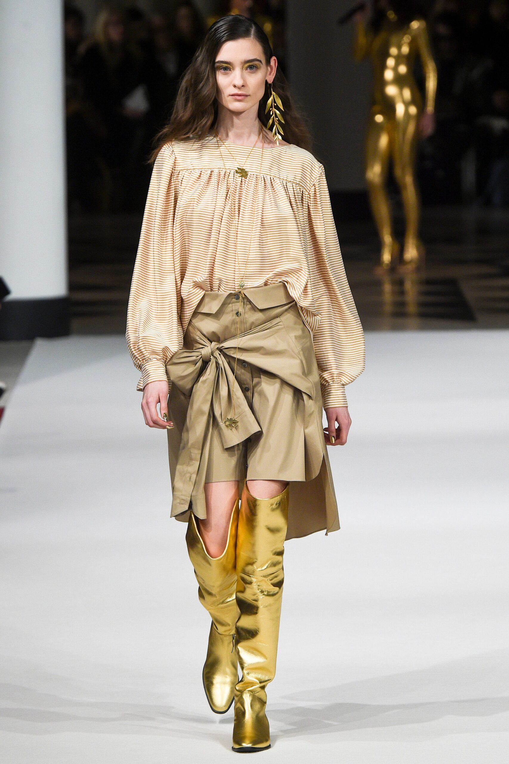 beige silk blouse with khaki skirt