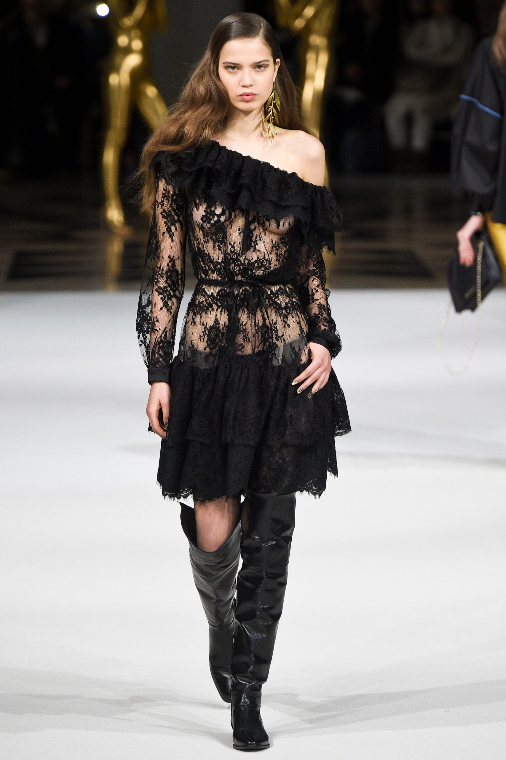 black lace long-sleeve off-shoulder fitted ruffled tiered dress