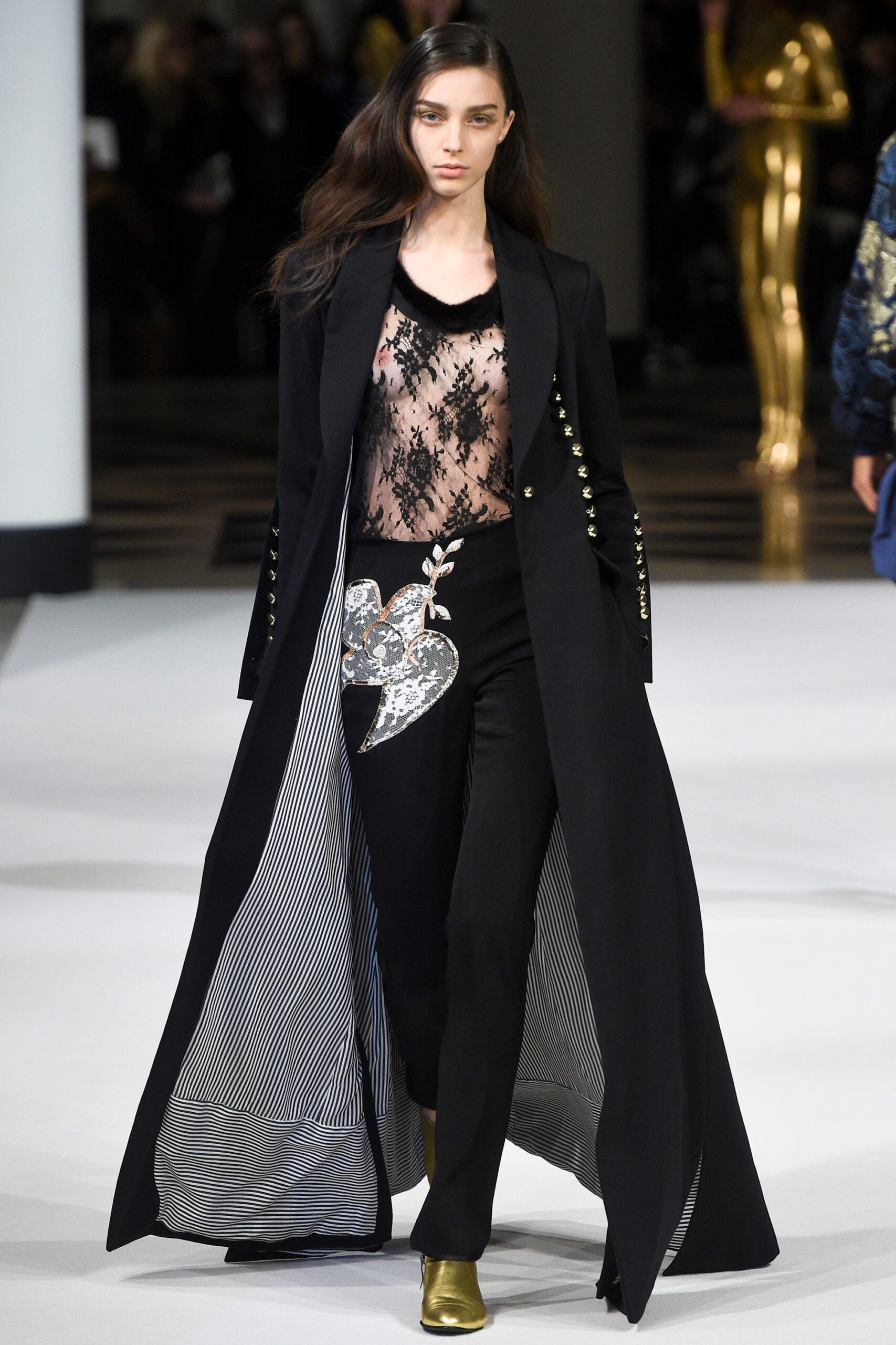 black silk long-sleeve collared fitted buttoned layered coat