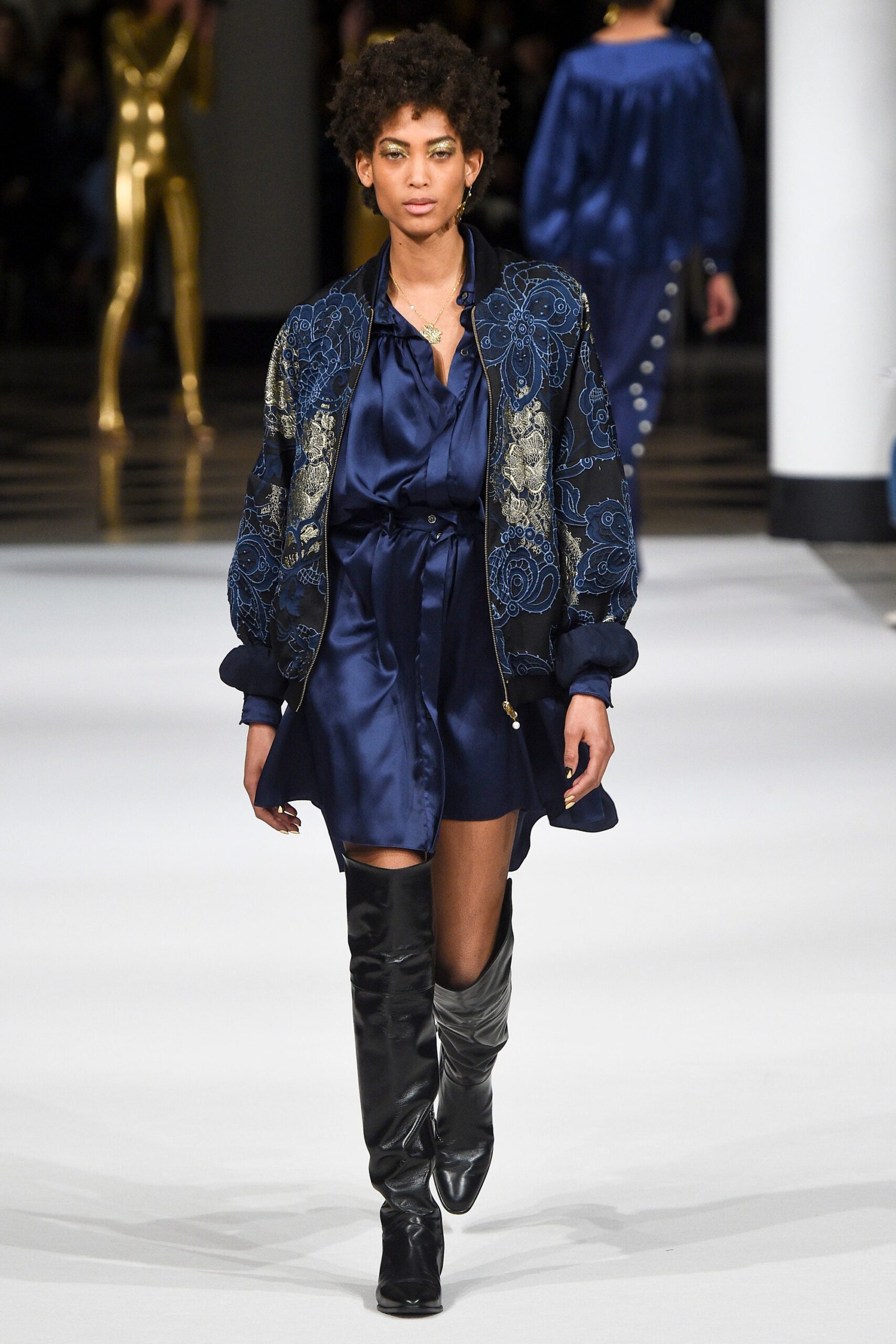 blue silk long-sleeve collared fitted draped mini dress