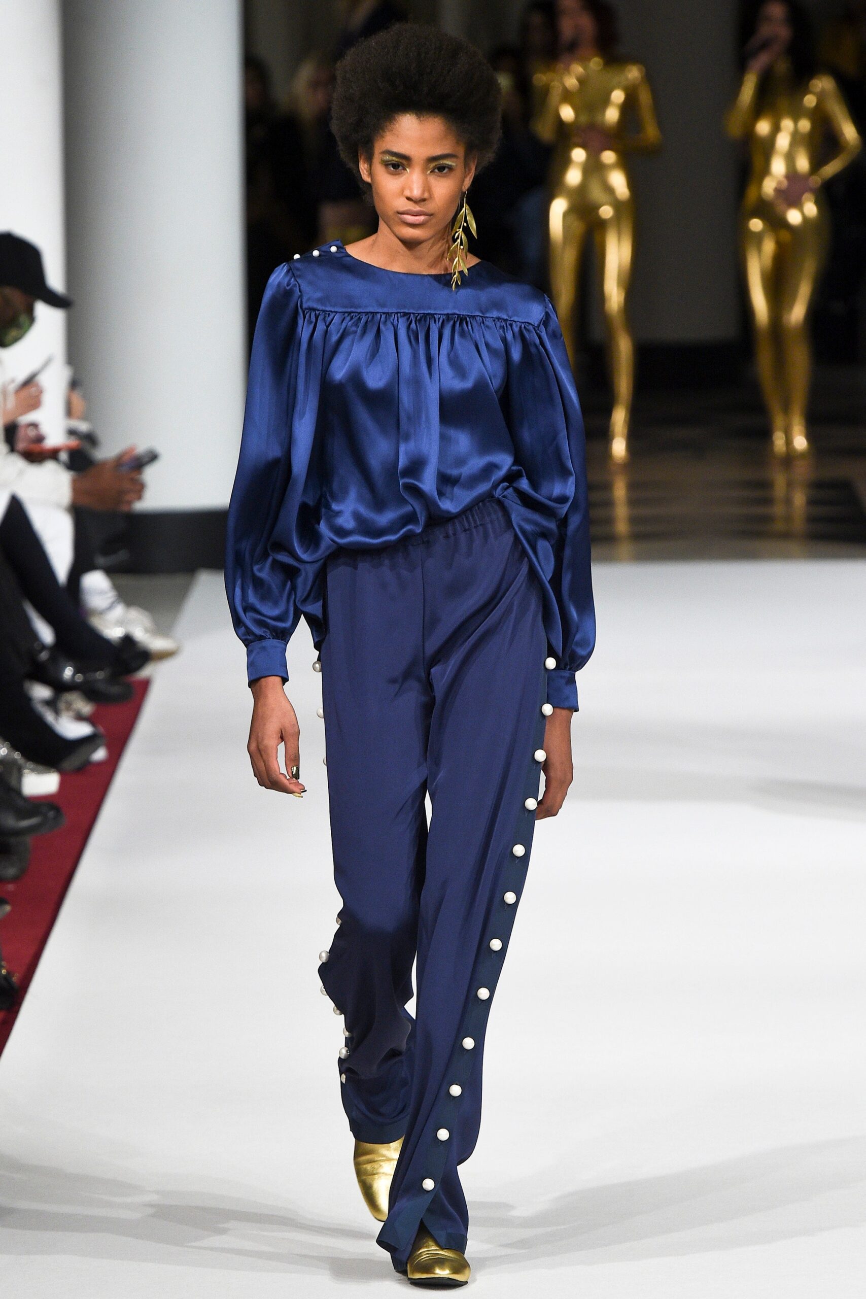 blue silk fitted high-waisted straight-leg buttoned pants