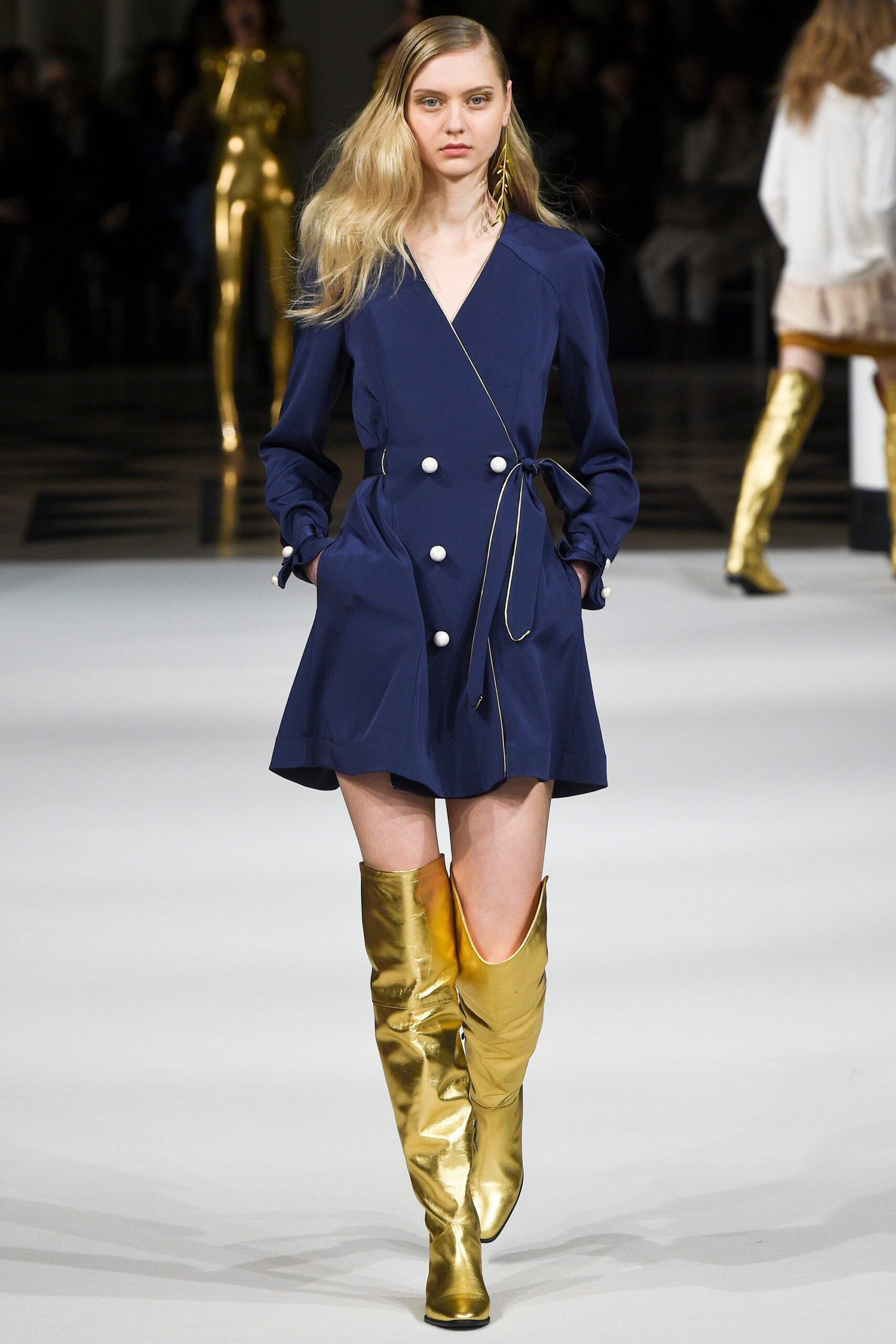 blue silk mini dress with gold boots