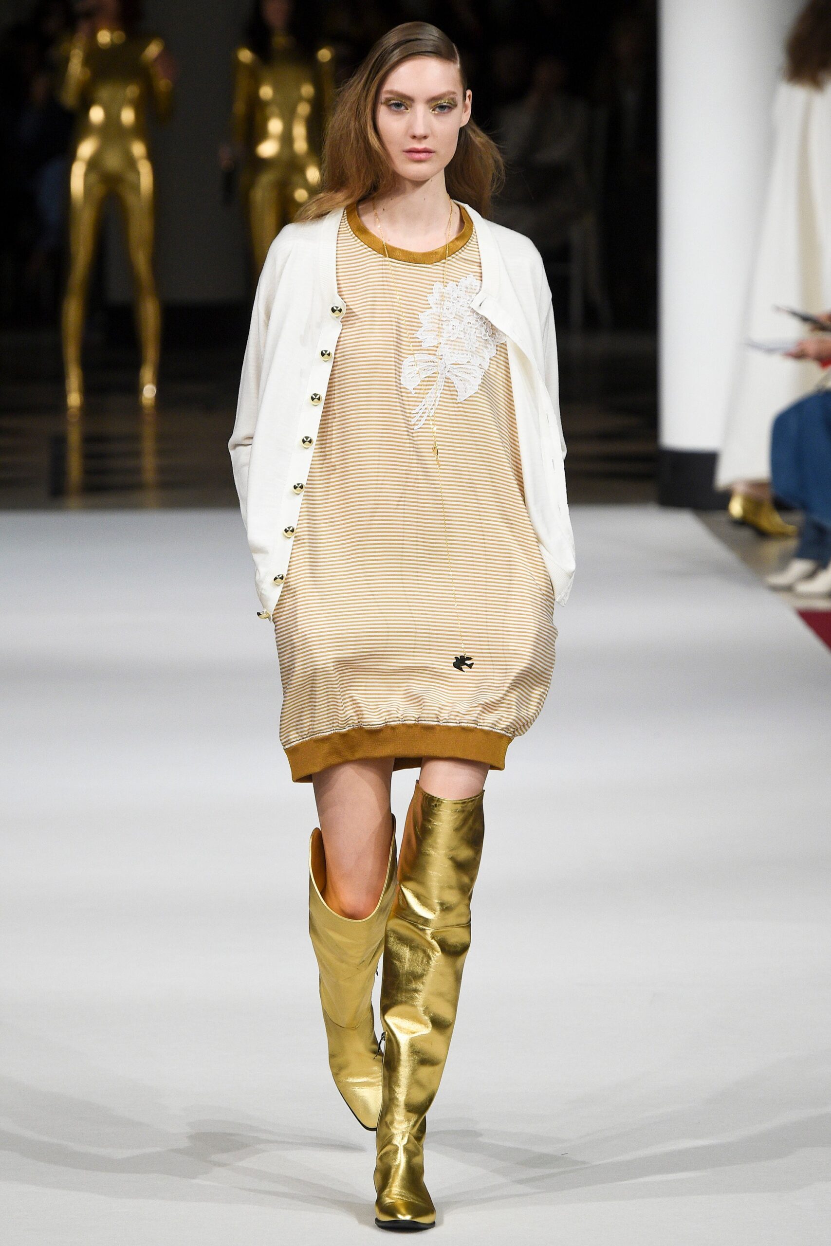 gold and white relaxed mini dress