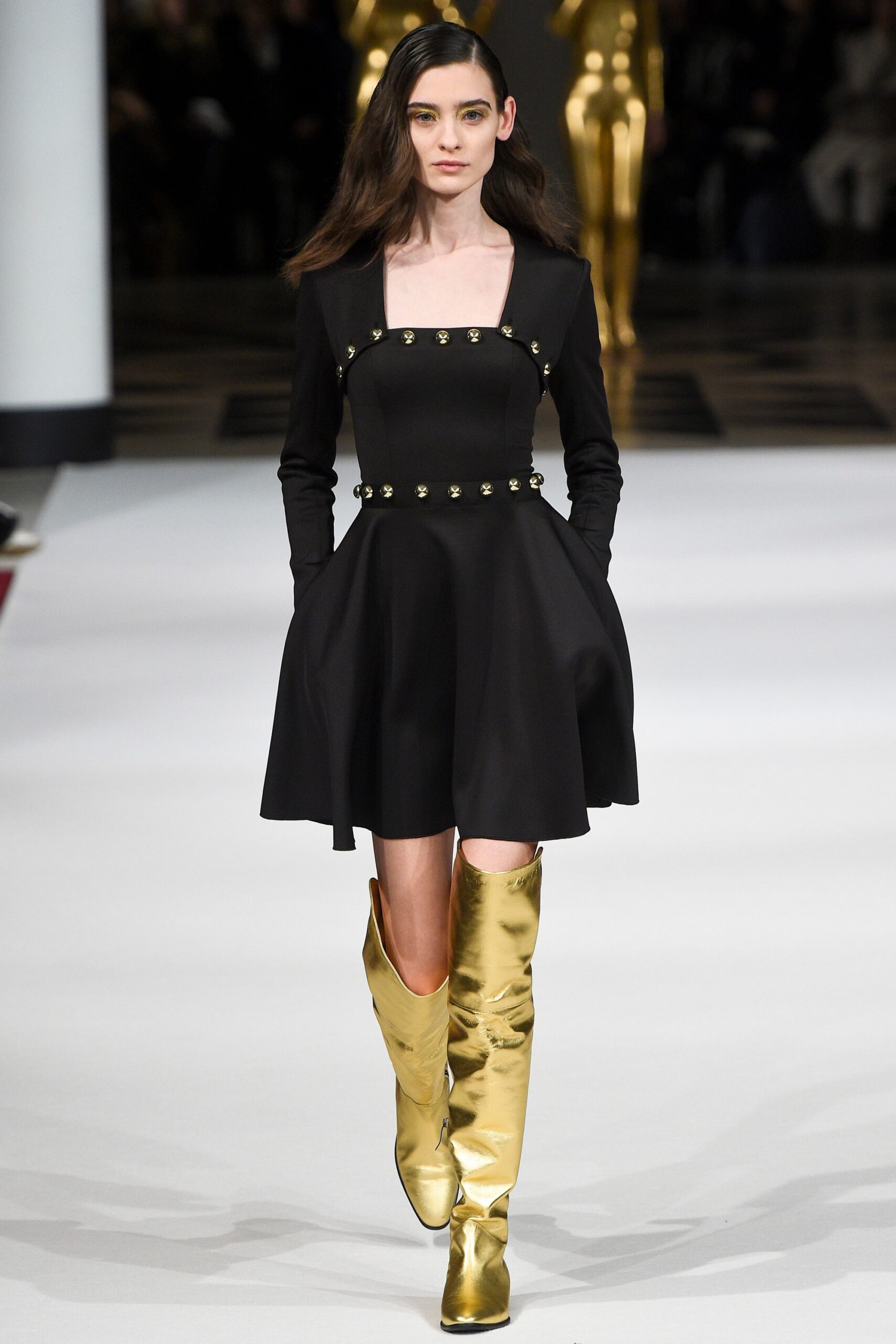 gold metallic fitted zippered shiny boots
