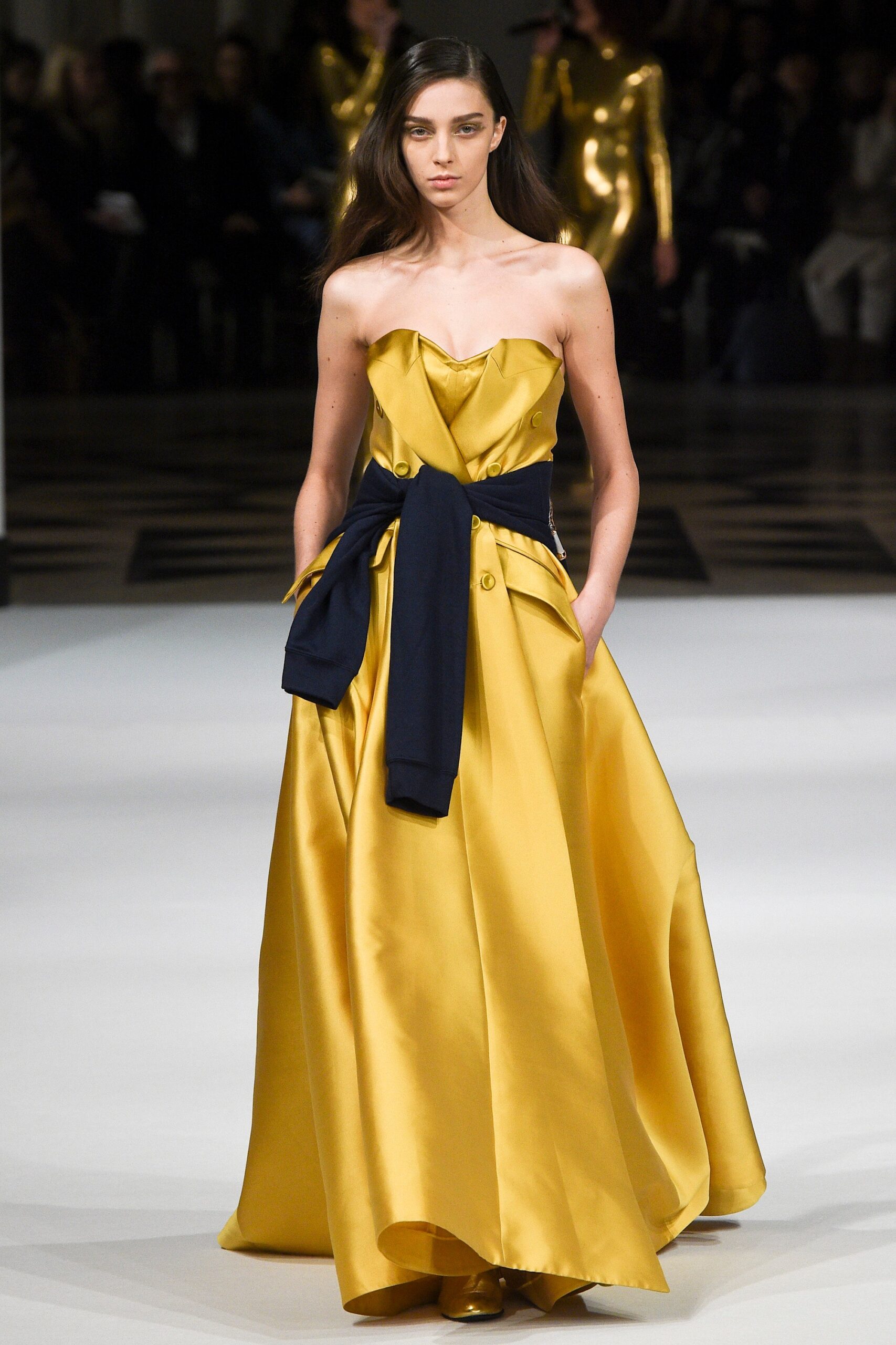 yellow silk strapless gown