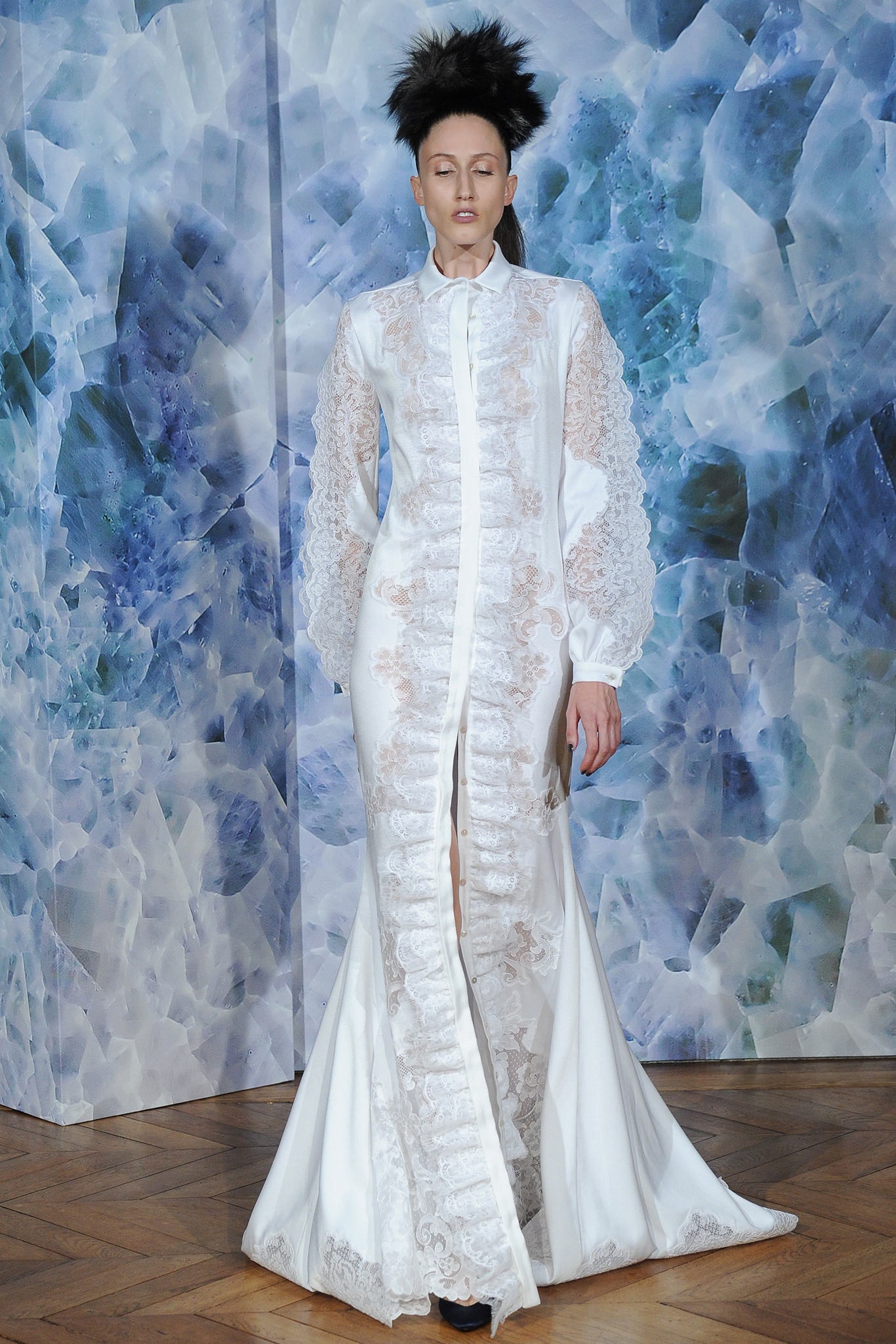 white silk embroidered gown