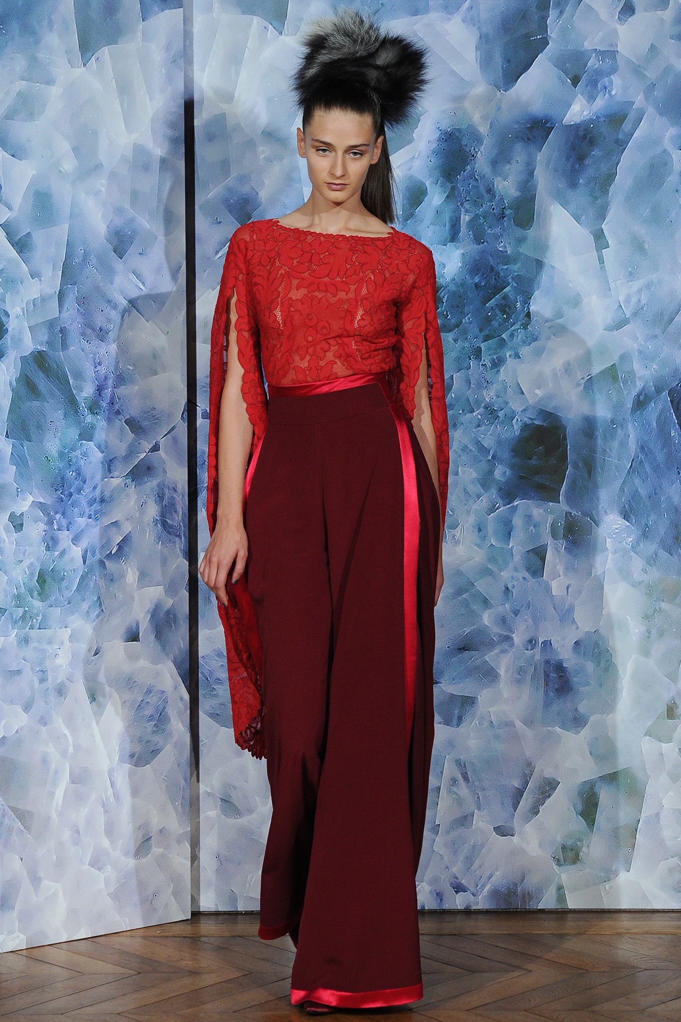 red silk long-sleeve high-neck fitted embroidered layered gown