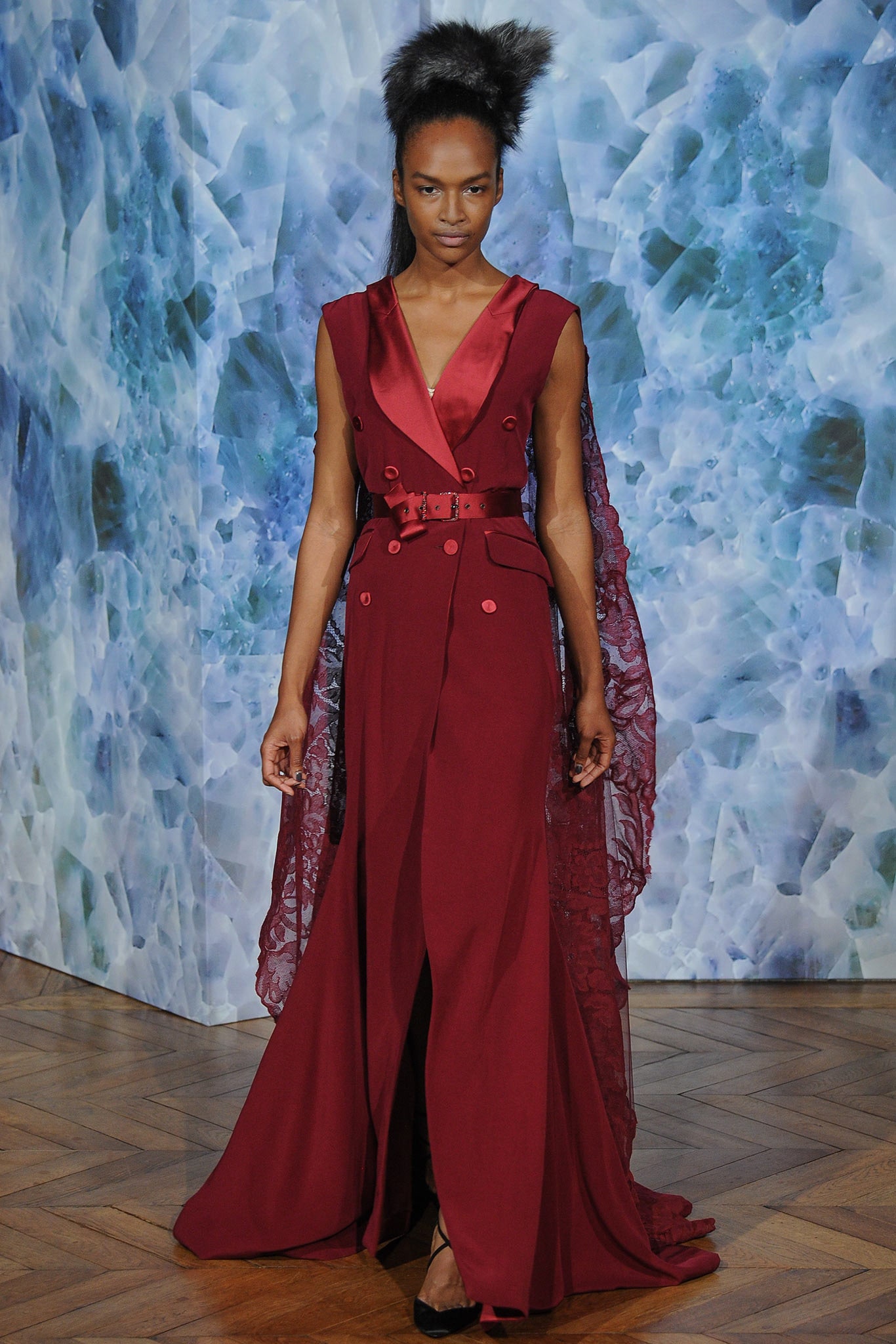 red silk sleeveless v-neck fitted belted layered gown