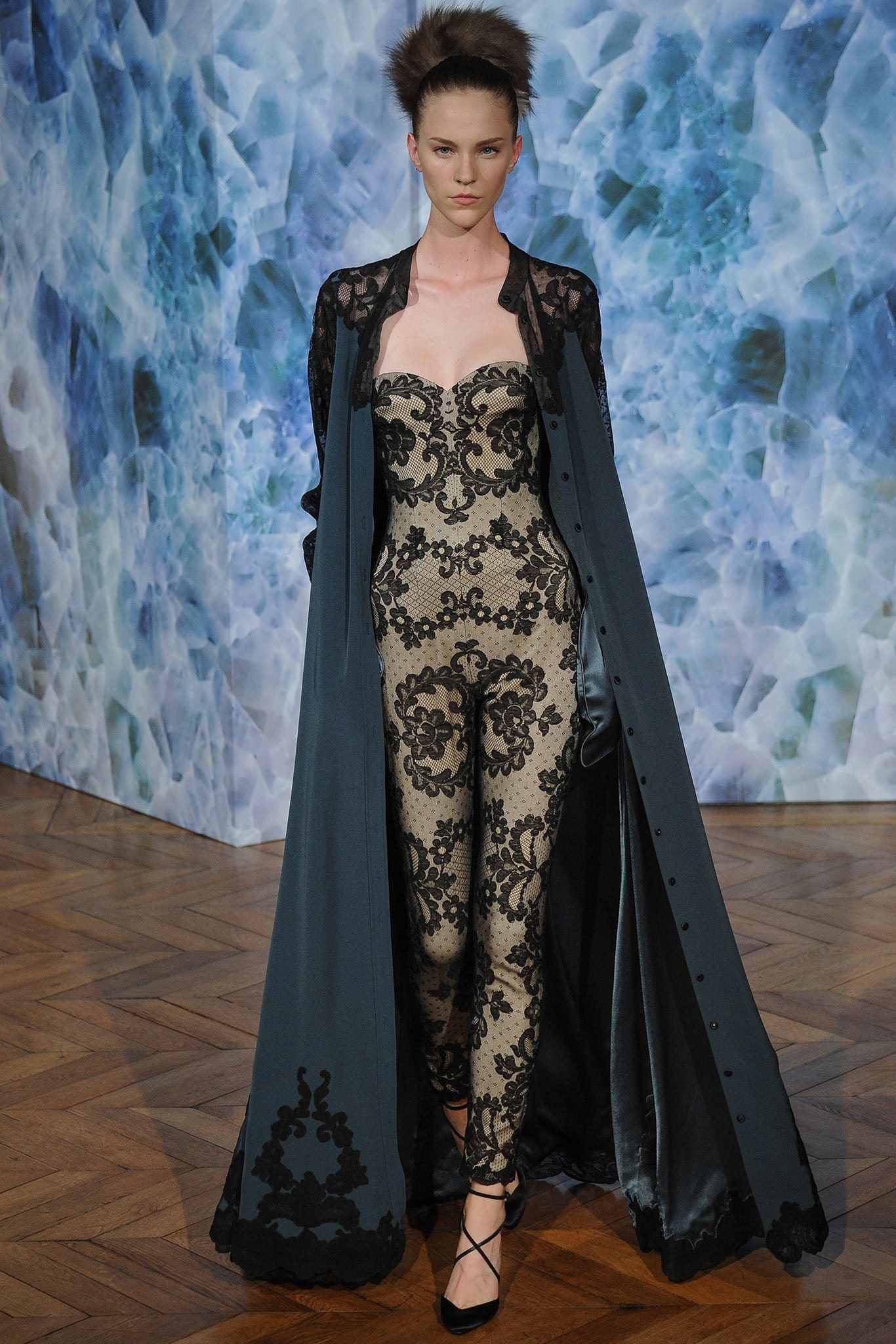 black lace sleeveless strapless fitted embroidered catsuit