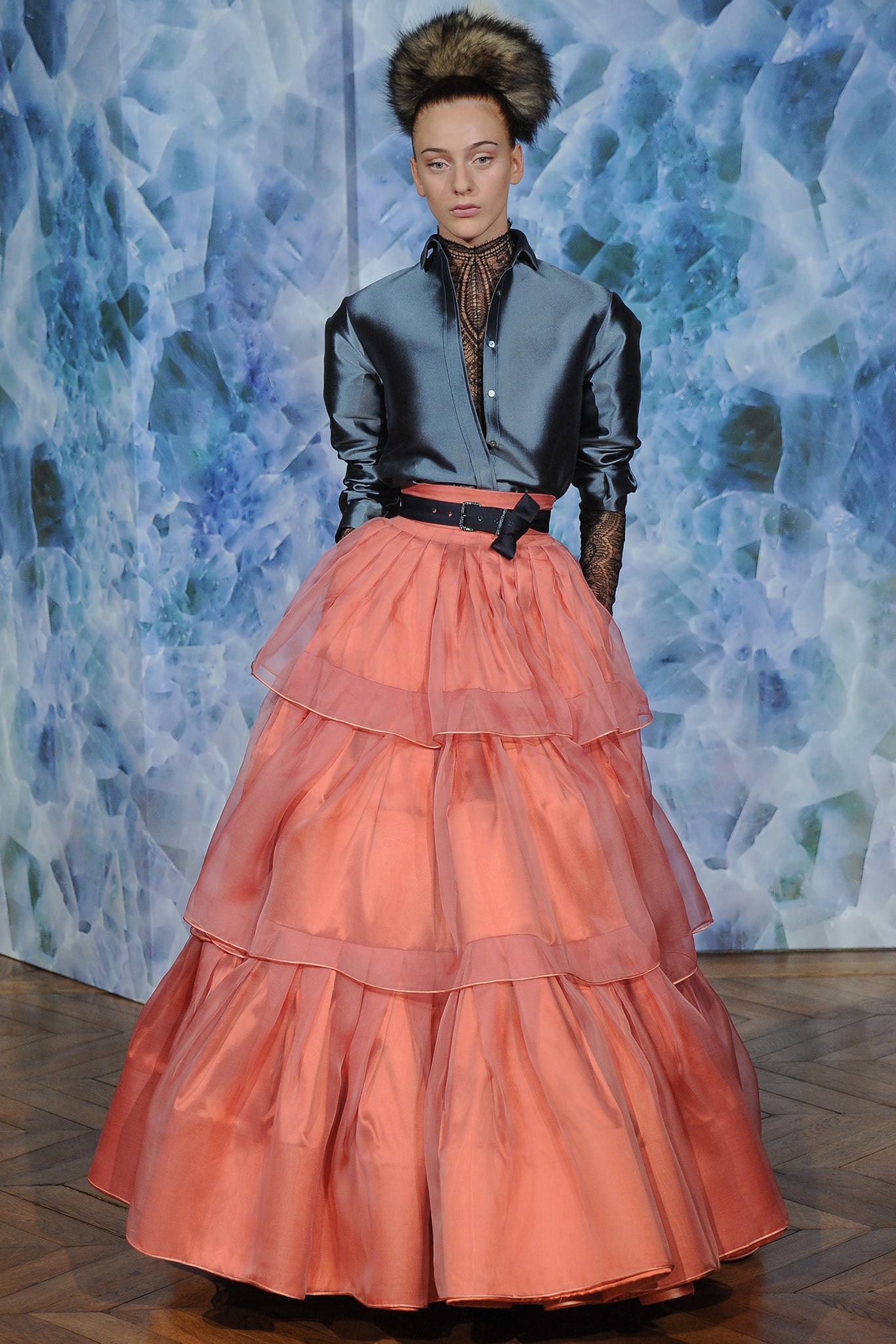 black silk blouse with orange tiered skirt