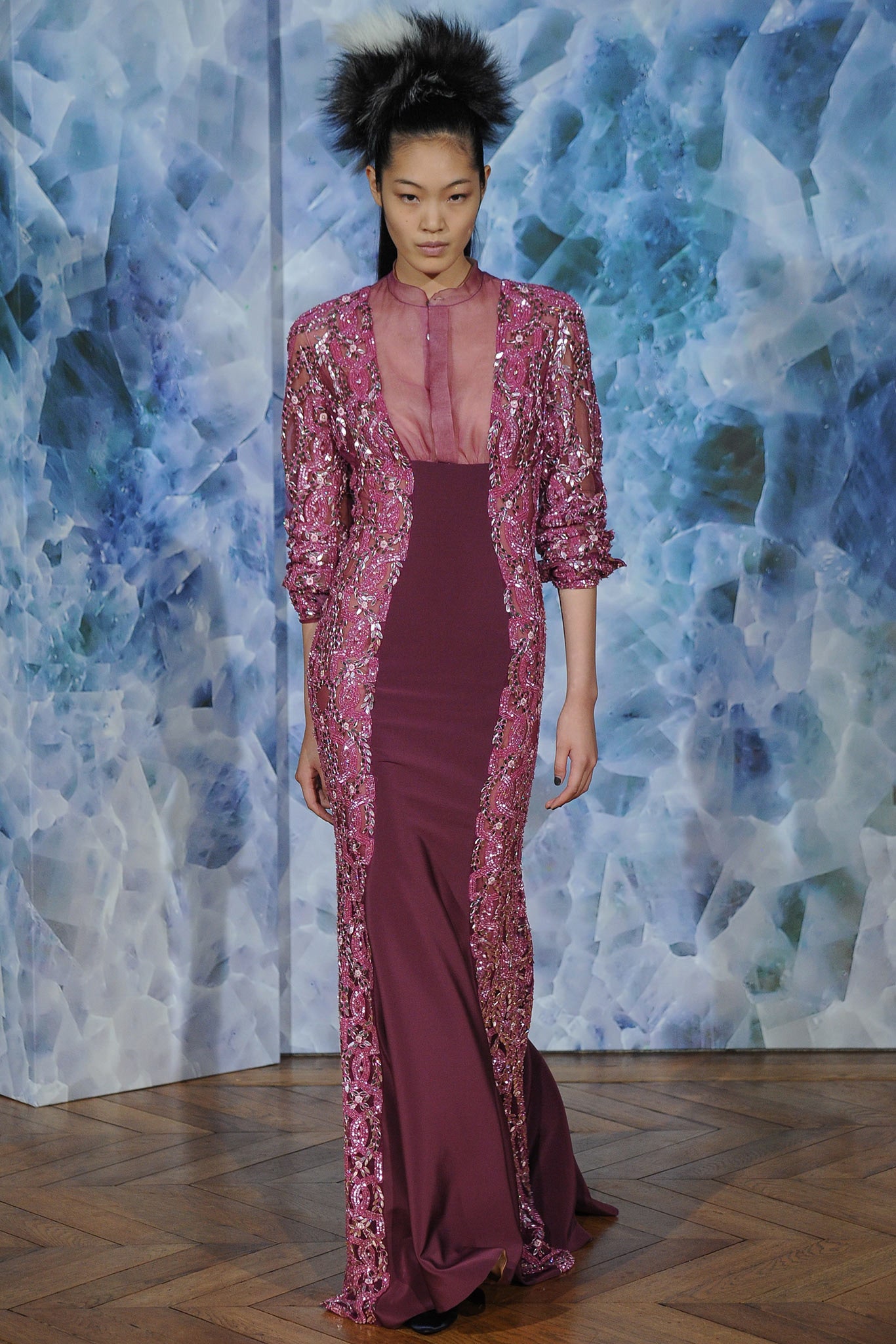 purple silk fitted gown
