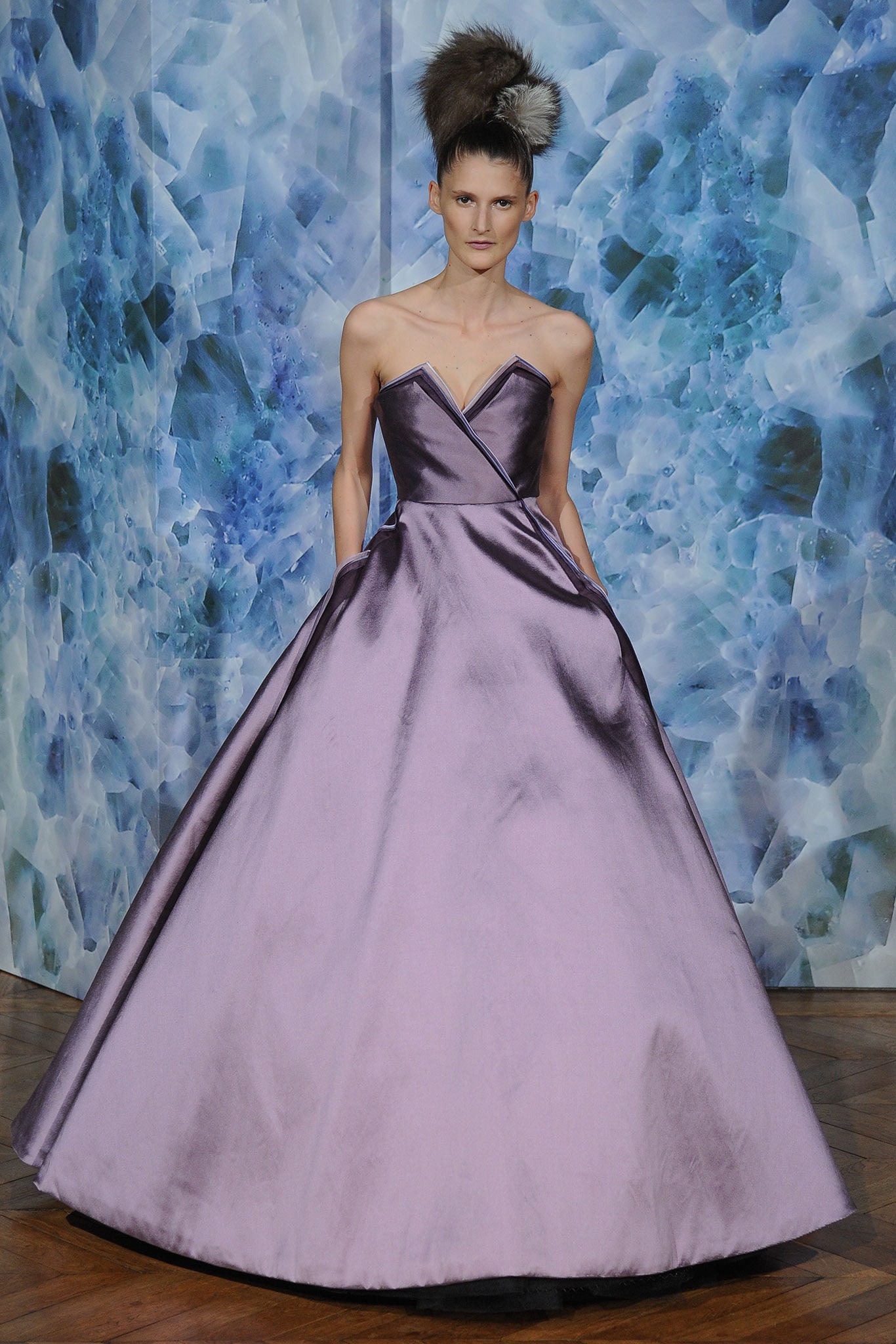 purple silk strapless gown