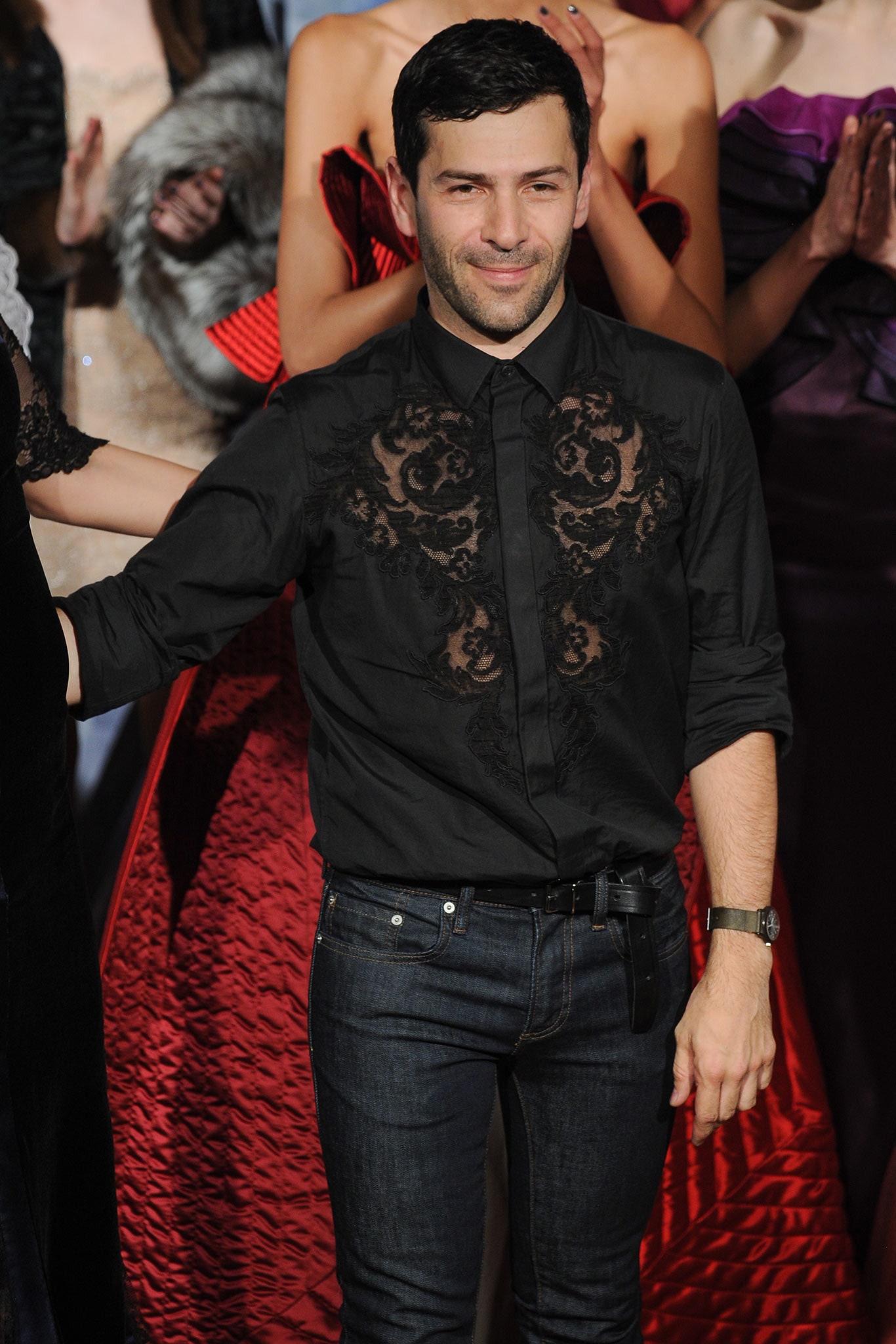 black embroidered shirt with blue jeans