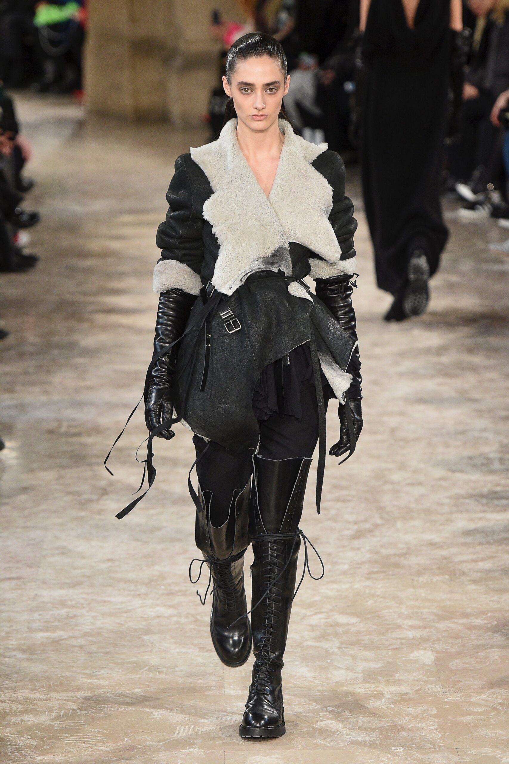 black leather coat with gloves