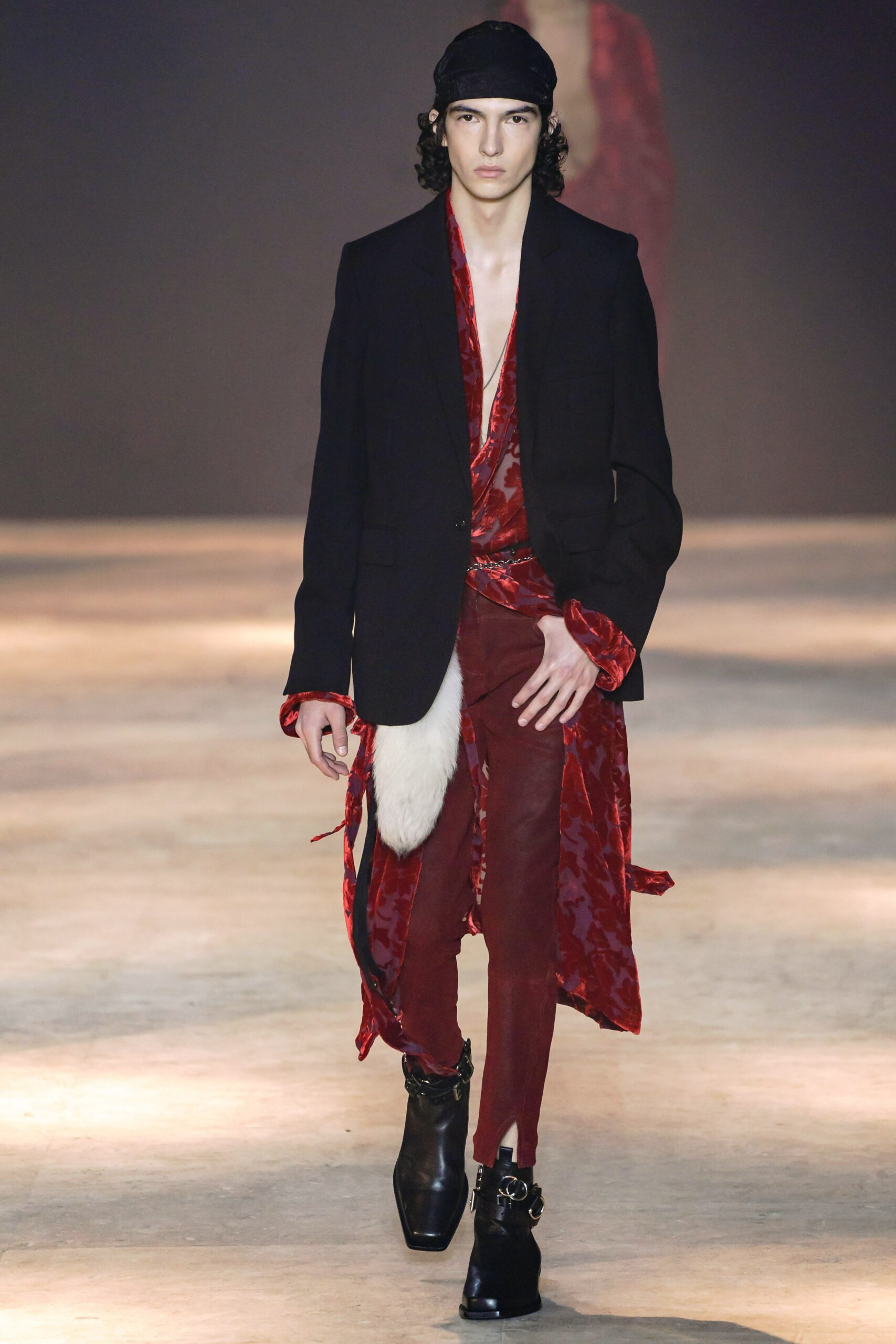 black blazer red silk shirt