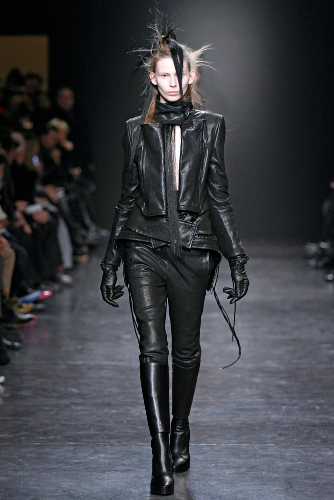 black leather fitted jacket and pants