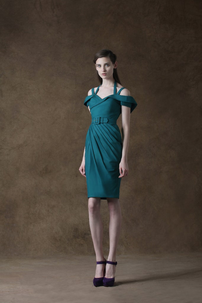 fitted teal off-shoulder dress