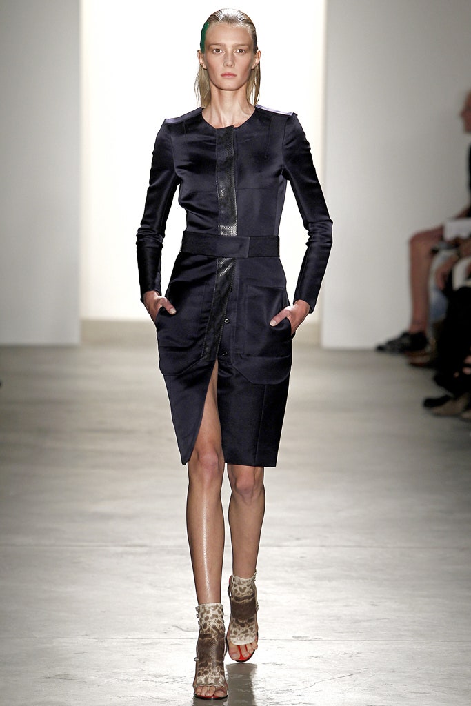 black silk long-sleeve collared fitted zippered pencil dress