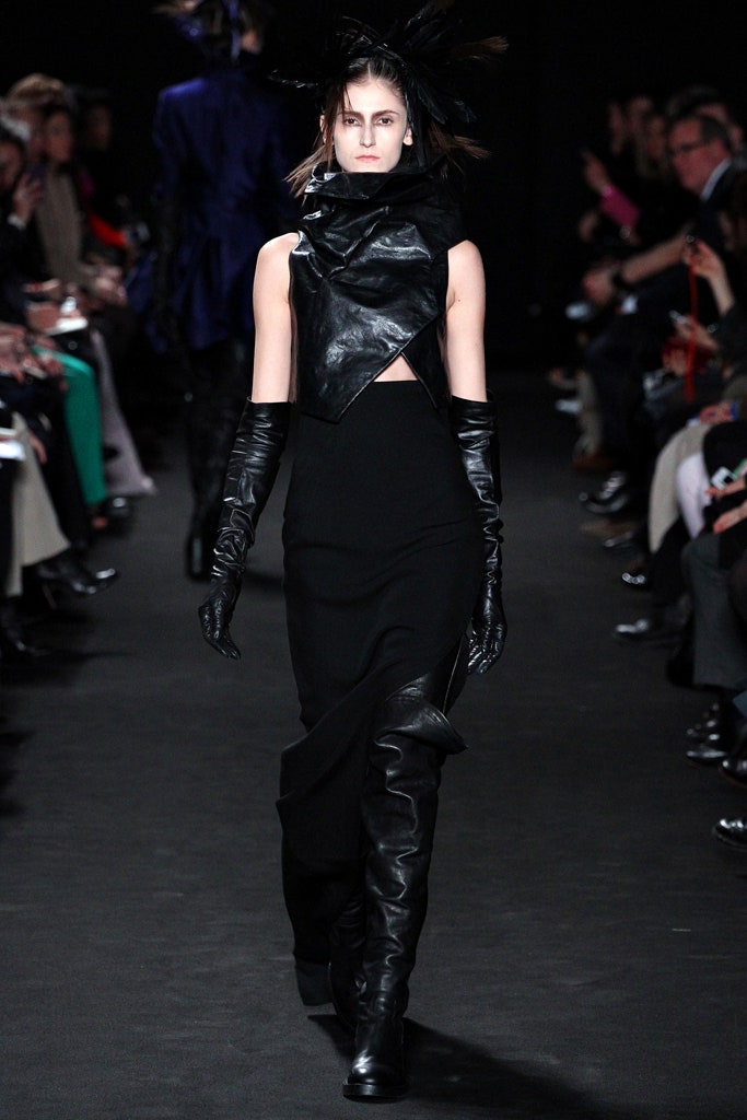 black leather midi dress and gloves